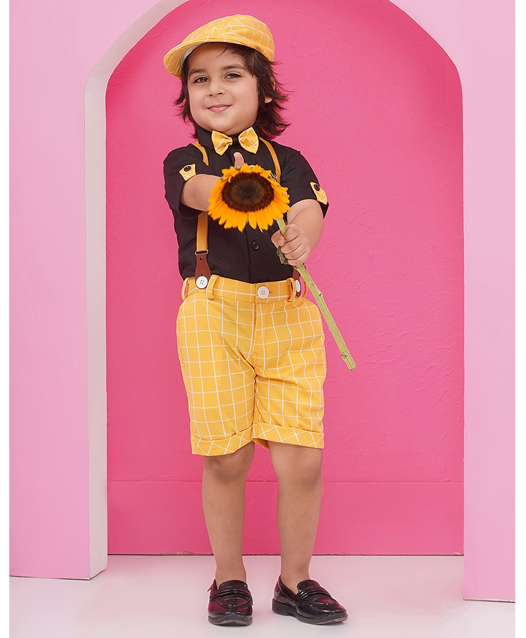 AJ Dezines Half Sleeves Solid Shirt With Checked Coordinating Shorts Suspenders Cap & Bow Set - Yellow-picture-23