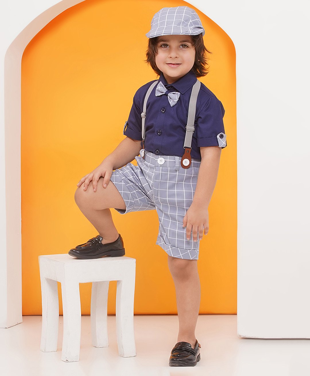 AJ Dezines Half Sleeves Solid Shirt With Checked Coordinating Shorts Suspenders Cap & Bow Set - Grey-picture-14