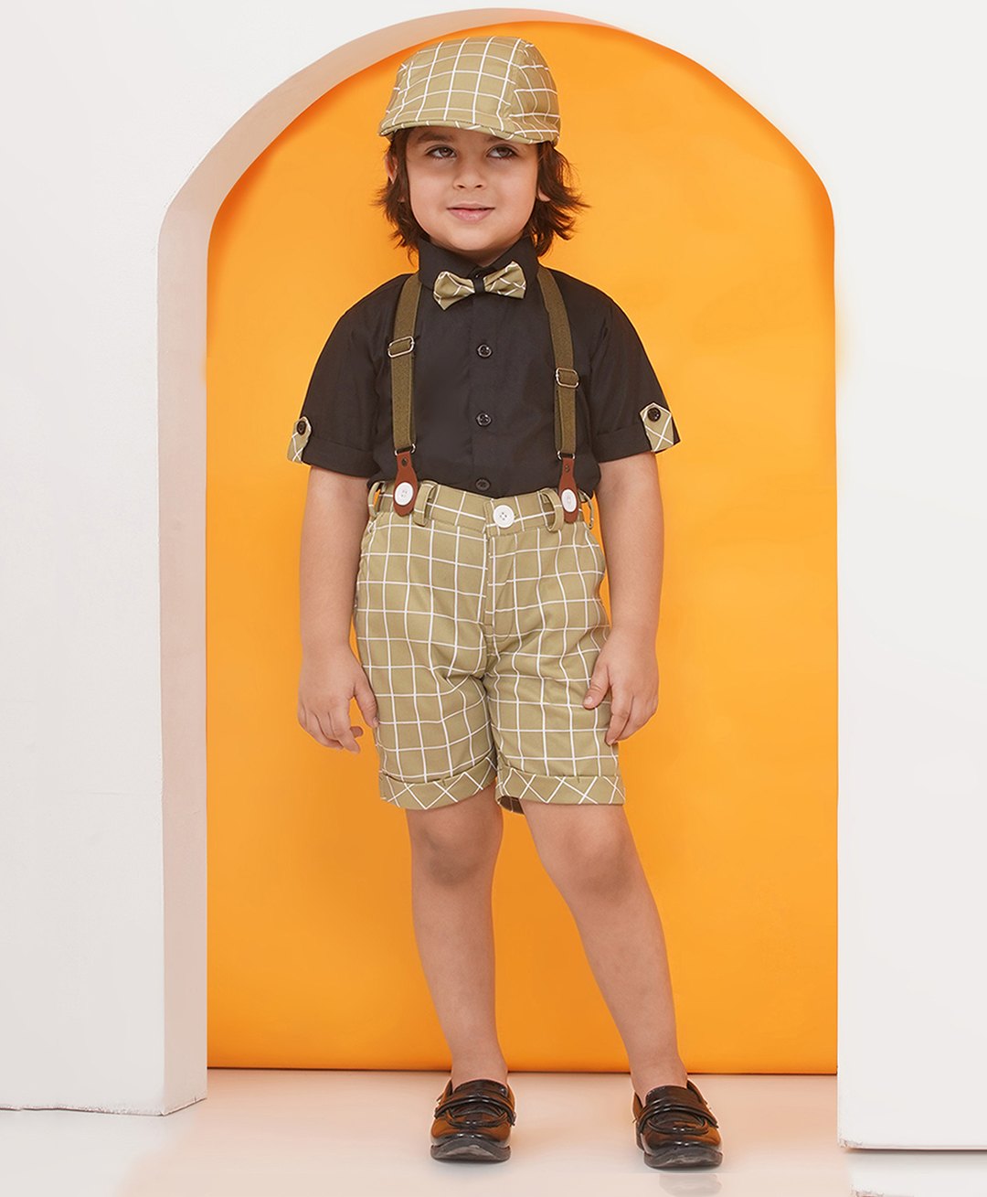 AJ Dezines Half Sleeves Solid Shirt With Checked Coordinating Shorts Suspenders Cap & Bow Set - Pista-picture-27