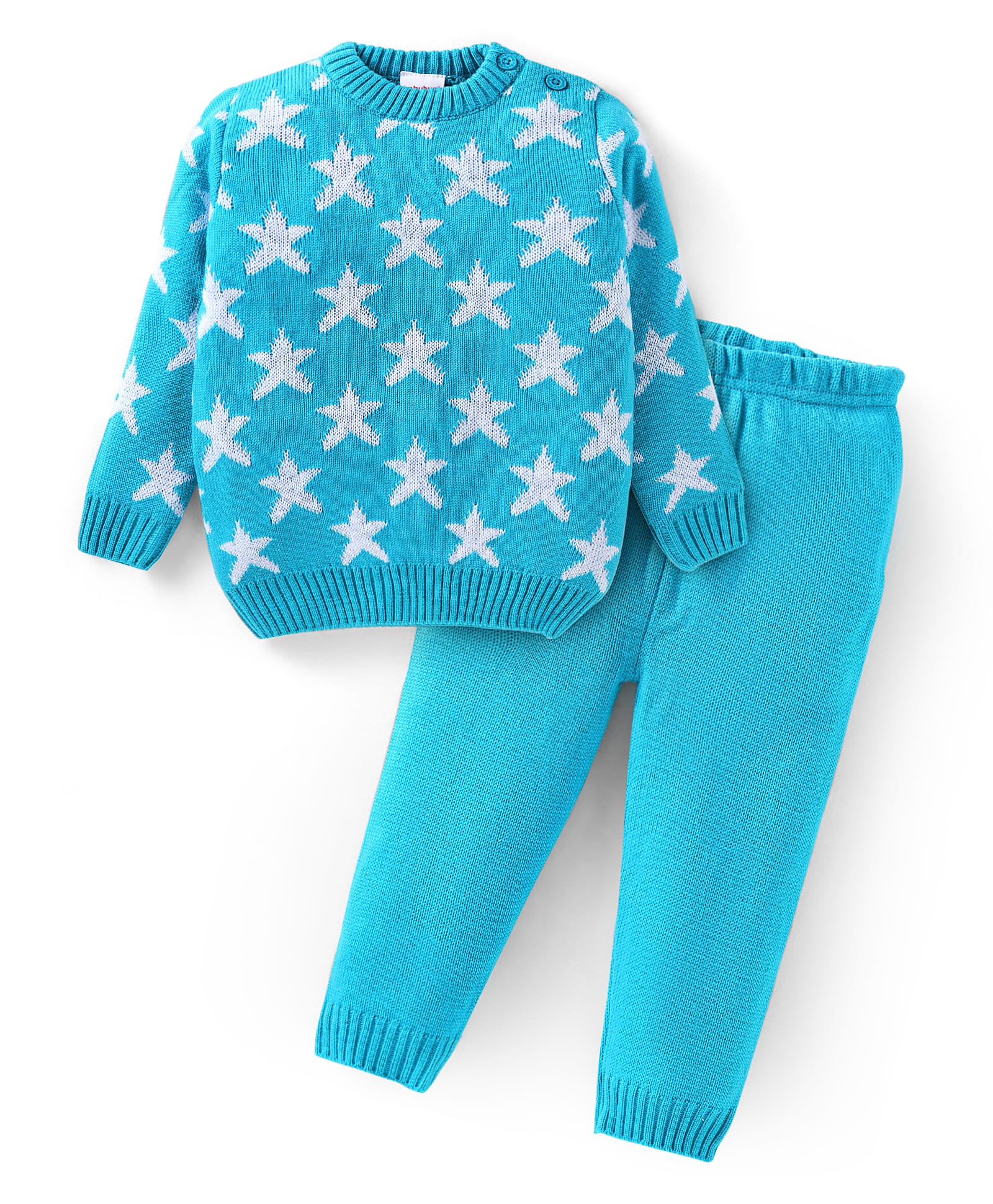 Babyhug Knitted Full Sleeves Star Designed Sweater Set - Light Blue-picture-11