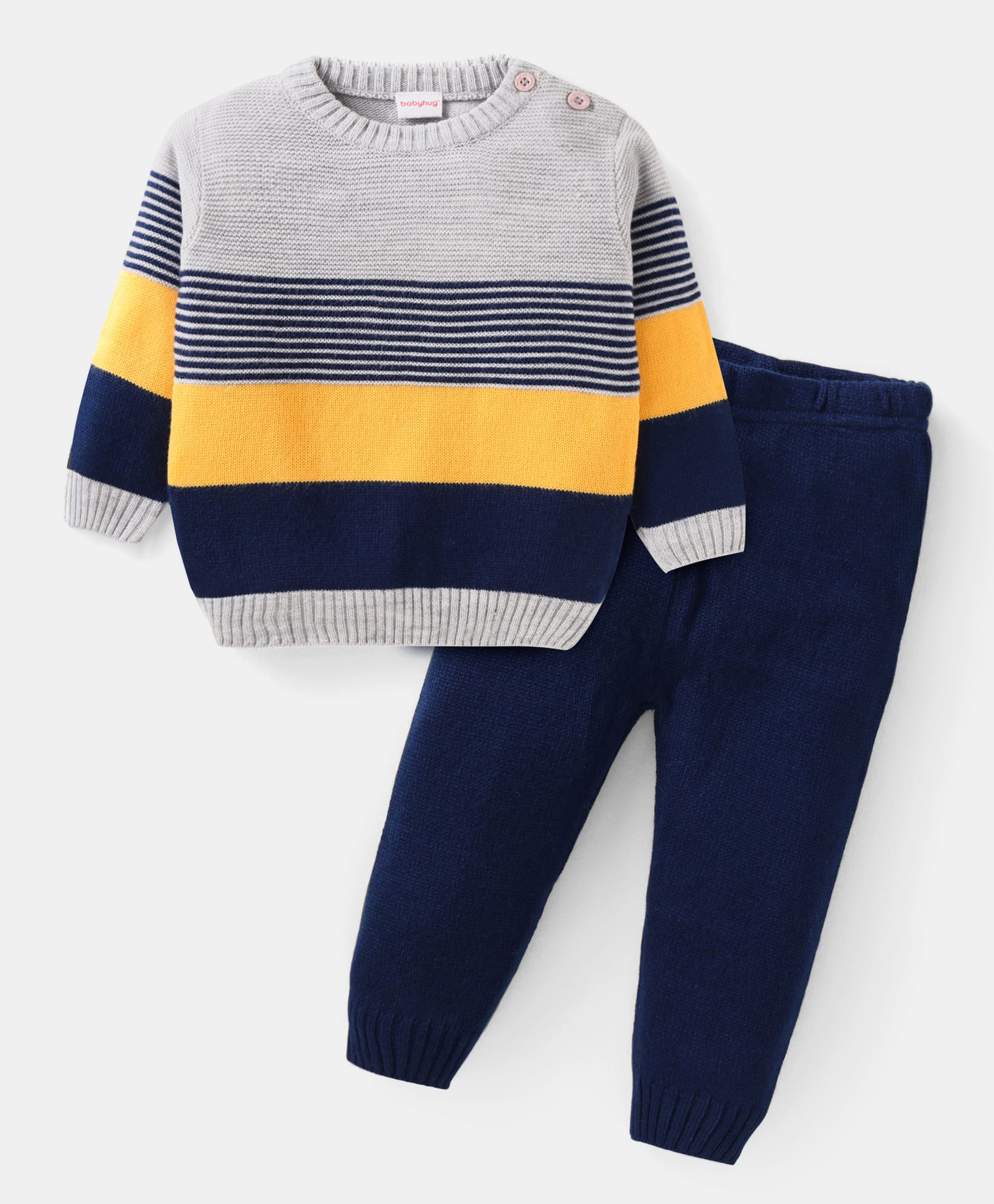 Babyhug Knitted Full Sleeves Colour Block Sweater Set with Striped Design- Navy Blue Grey & Yellow-image-39