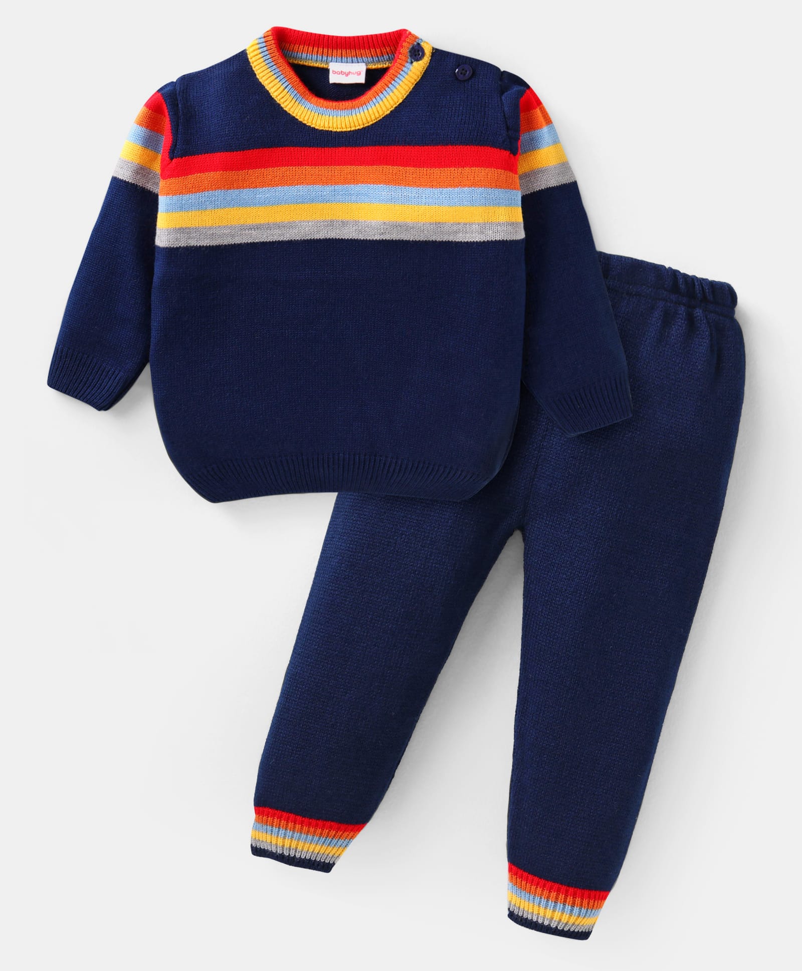 Babyhug Knitted Full Sleeves Striped Designed PulloverSweater Set - Navy Blue Red & Yellow-picture-24