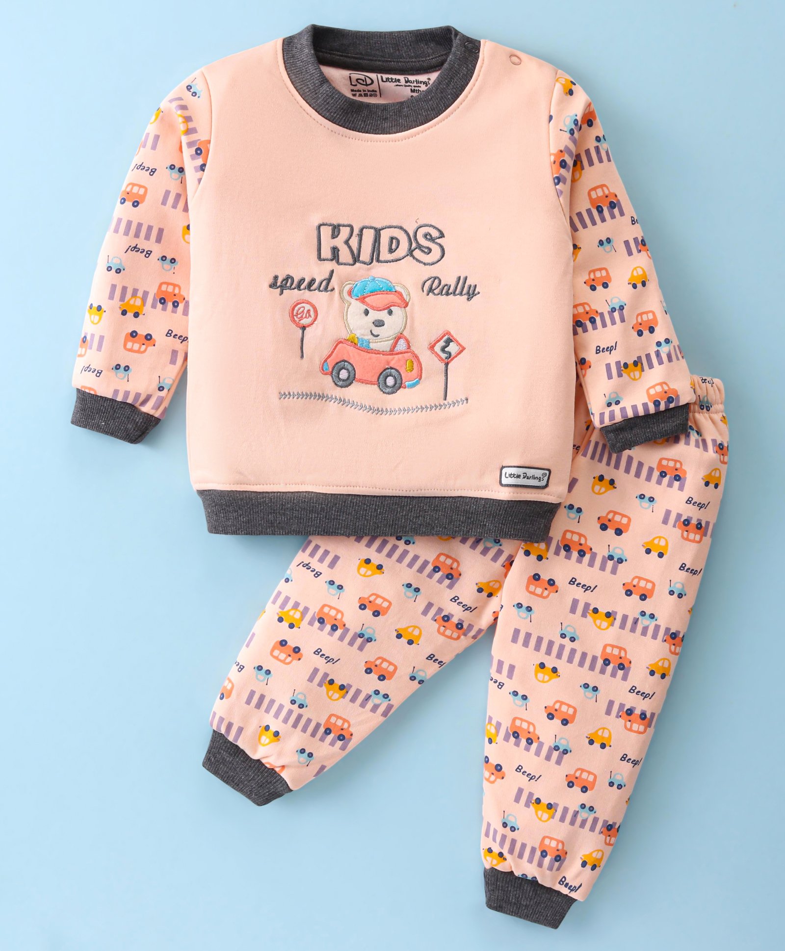 Little Darlings Quilted Knit Full  Sleeves Winter Wear T-Shirt & Pant Set with Bear Embroidery & Car Print  - Peach-image-30