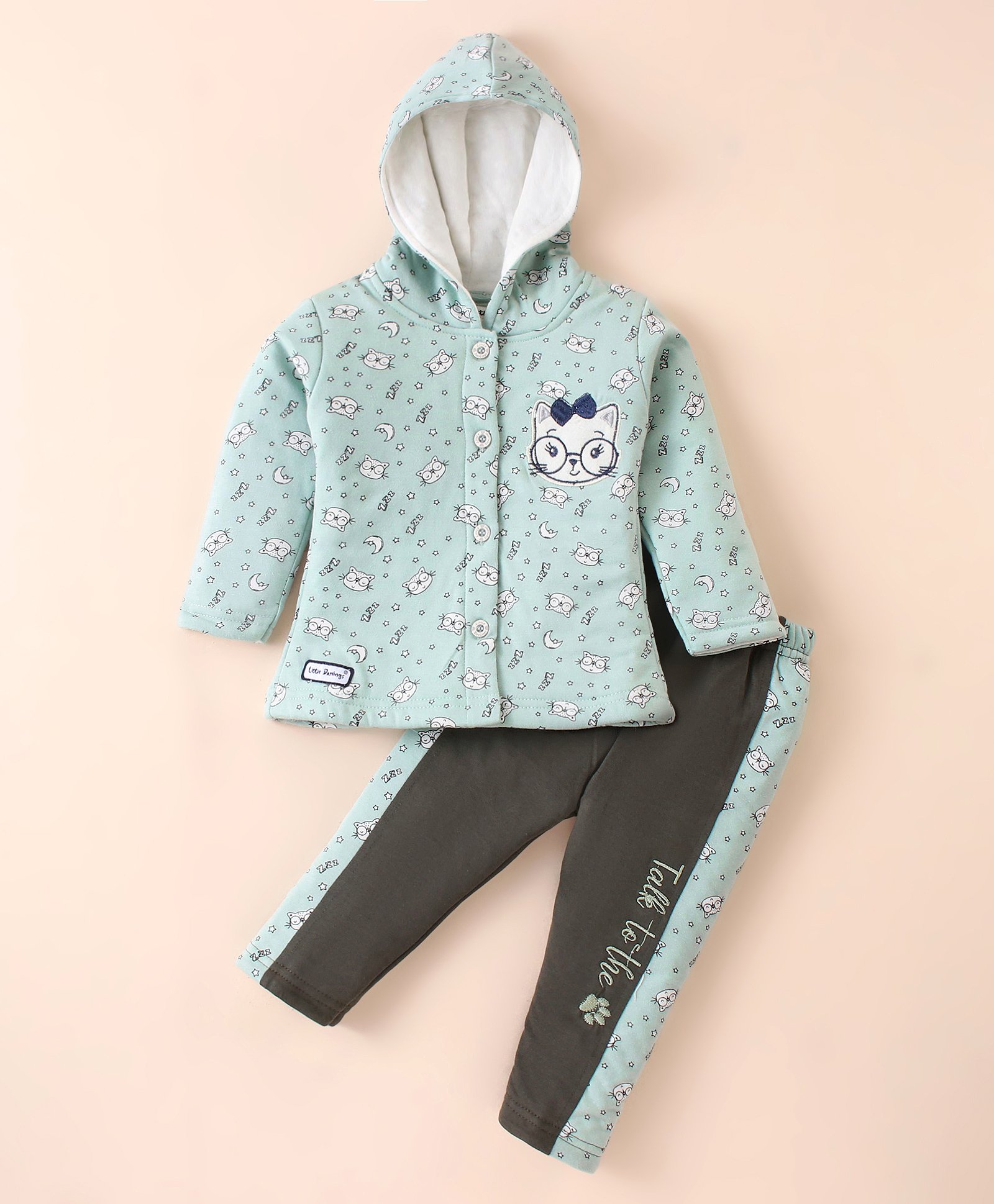 Little Darlings Quilted Cotton Full Sleeves Hooded Winter Night Suit With Kitten Print - Light Green-image-23