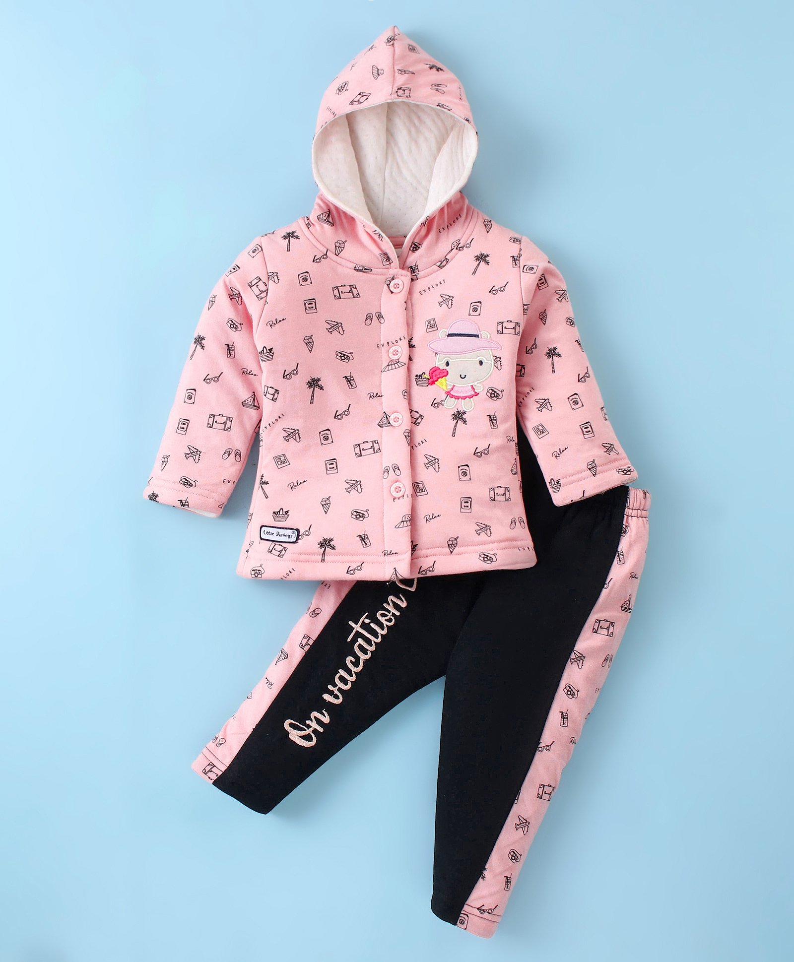 Little Darlings Quilted Cotton Full Sleeves Hooded Printed Winter Night Suit - Coral Pink-image-36