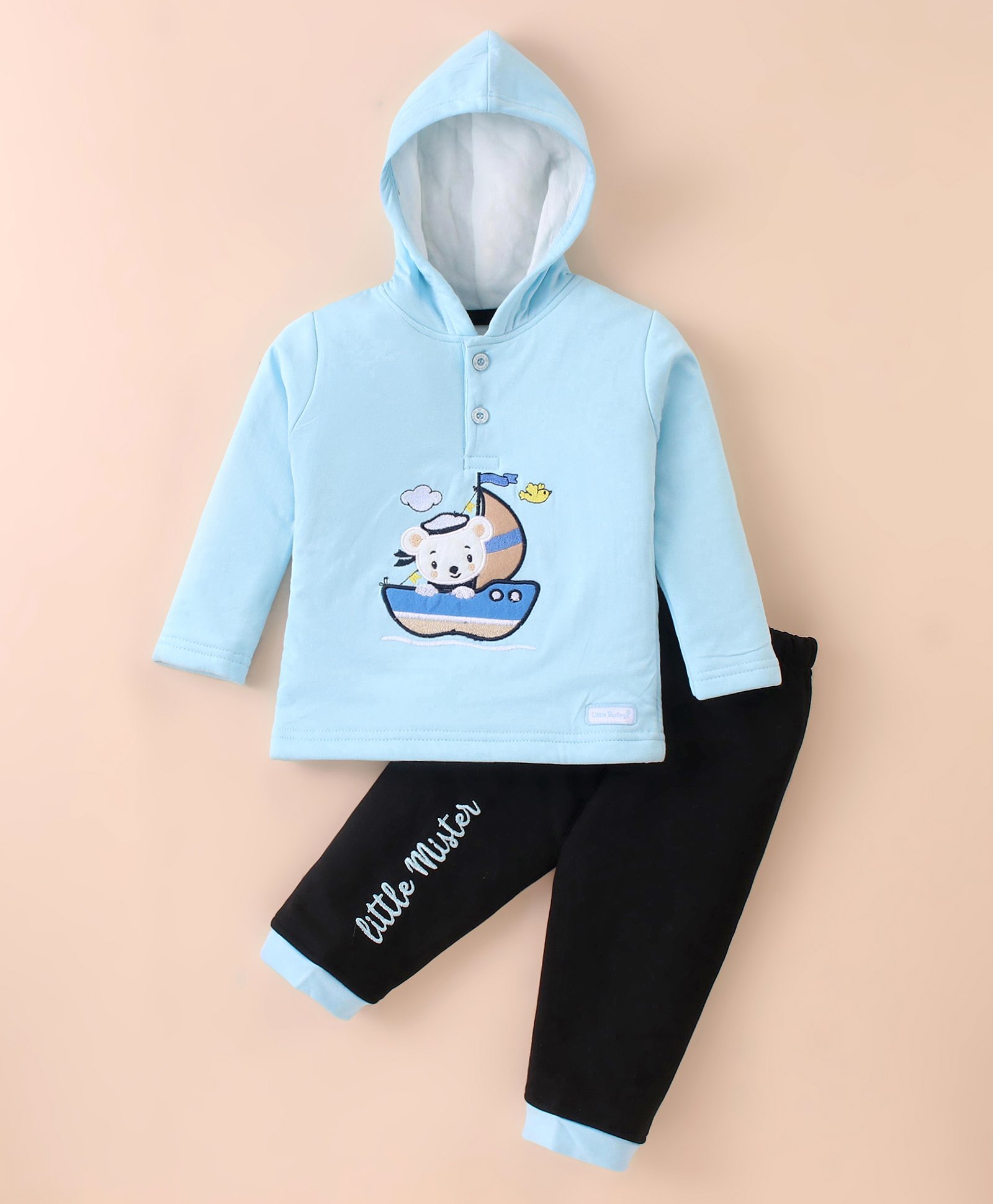 Little Darlings Quilted Cotton Full Sleeves Hooded Winter Night Suit With Cute Teddy Sailor Embroidery - Ocean Blue-image-36