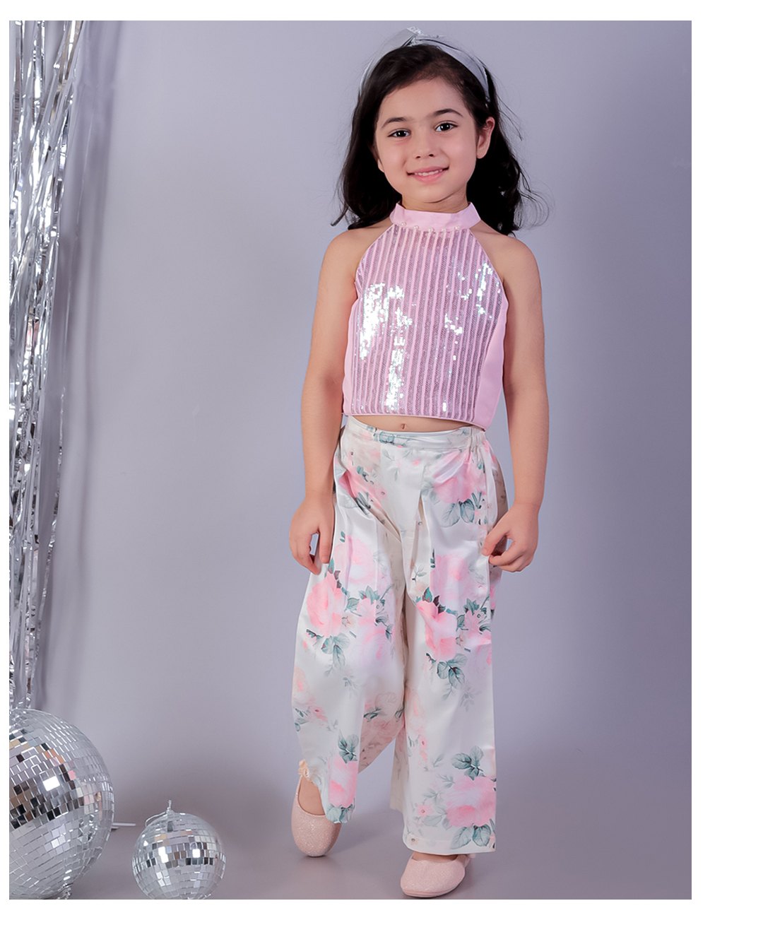 Lil Drama Halter Neck Sequin Embellished Top & Floral Printed PantSet - Pink & White-image-25