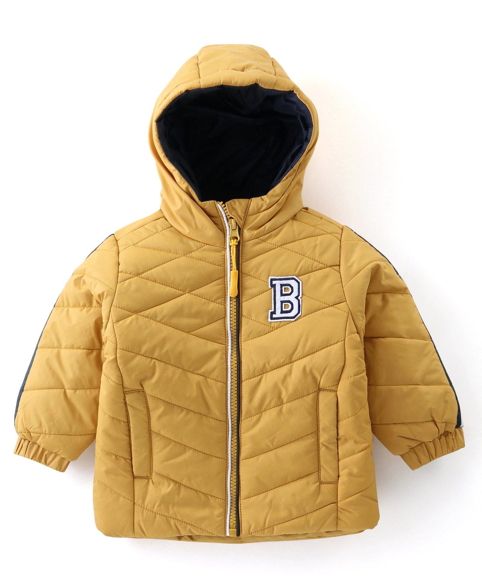 Babyhug Full Sleeves Hooded Winter Jacket with Letter Patch - Dark Yellow-image-18