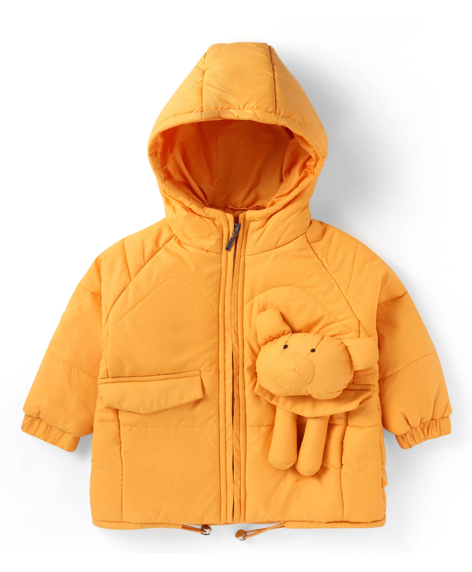 Babyhug Woven Full Sleeves Padded Hooded Jacket With Animal Applique - Orange-image-35