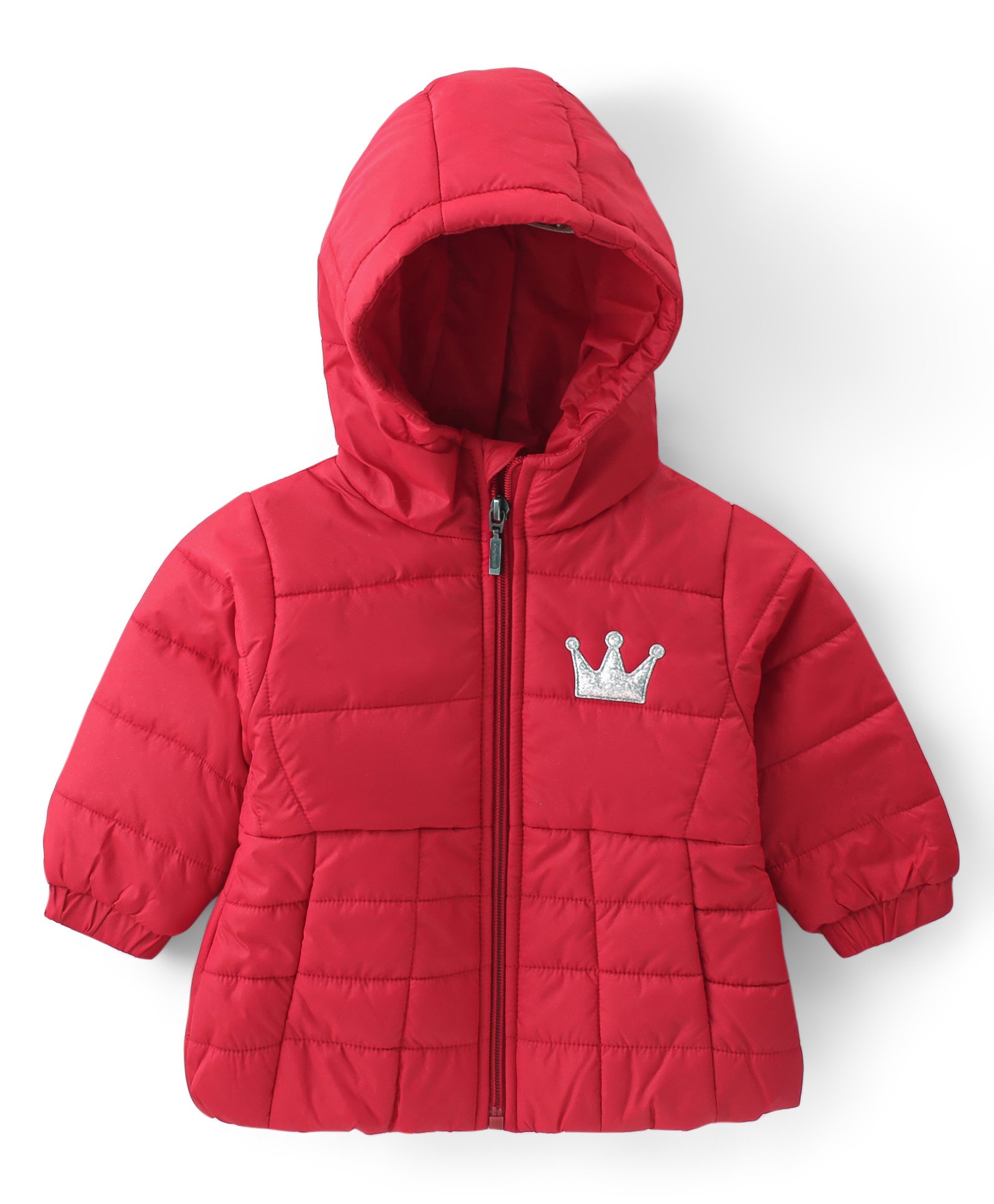 Babyhug Woven Full Sleeves Padded Hooded Jacket with Crown Patch Applique - Red-image-45