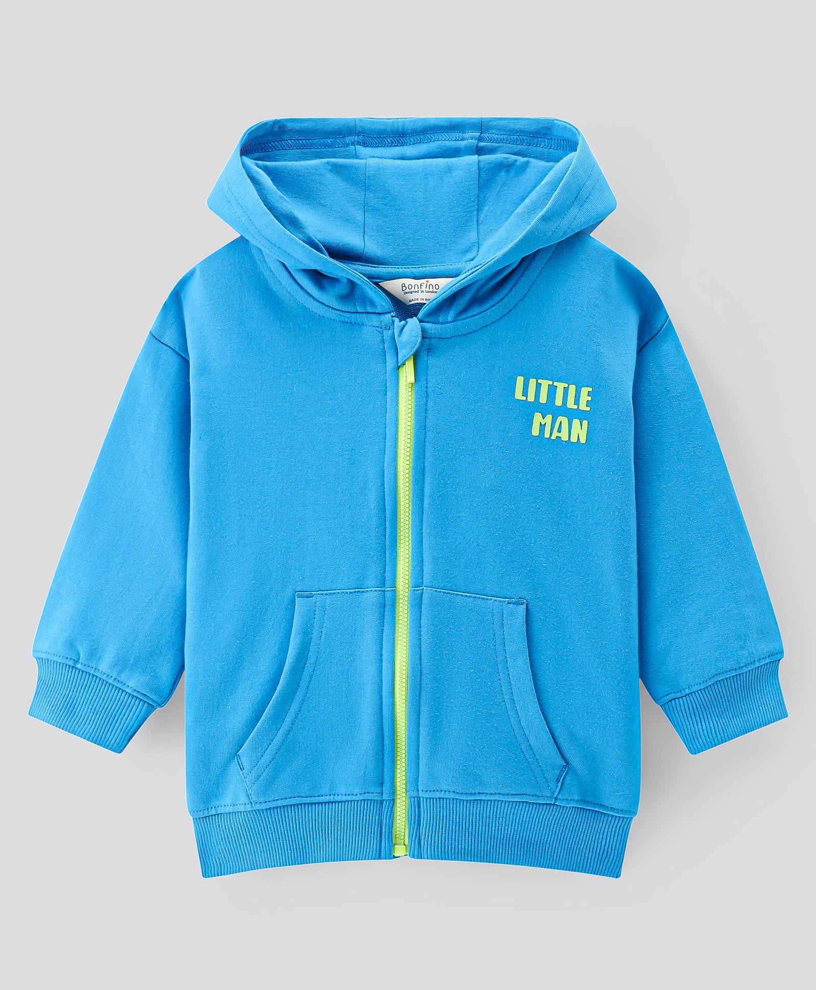 Bonfino 100% Cotton French Terry Knit Full Sleeves Front Open Drop Shoulder Hooded Sweatjacket with Text Print - Sky Blue-picture-21