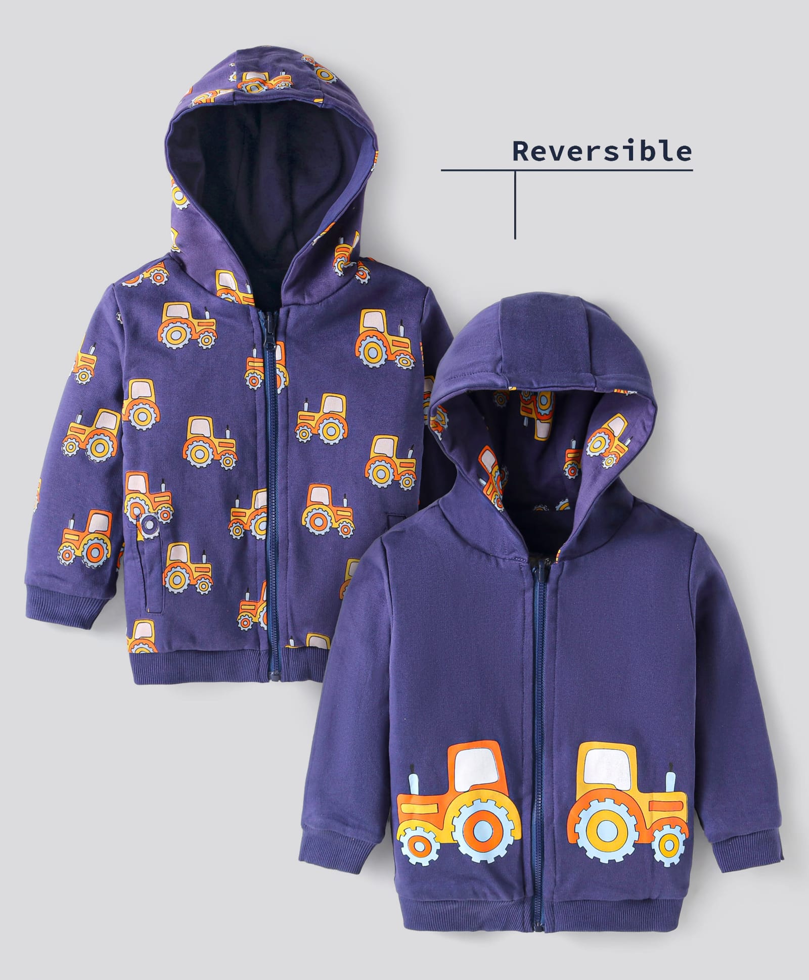 Bonfino 100% Cotton French Terry Knit Full Sleeves Front Open Hooded Sweatjacket with Vehicles Print - Blue-picture-32