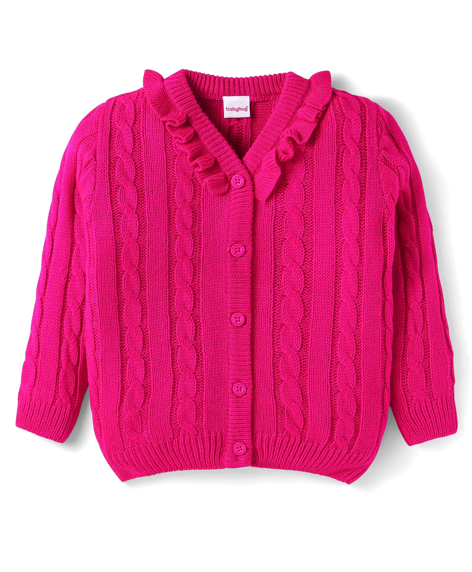 Babyhug Knitted Full Sleeves Front Open Sweater with Cable Knit Design & Frill Detailing - Dark Pink-picture-18