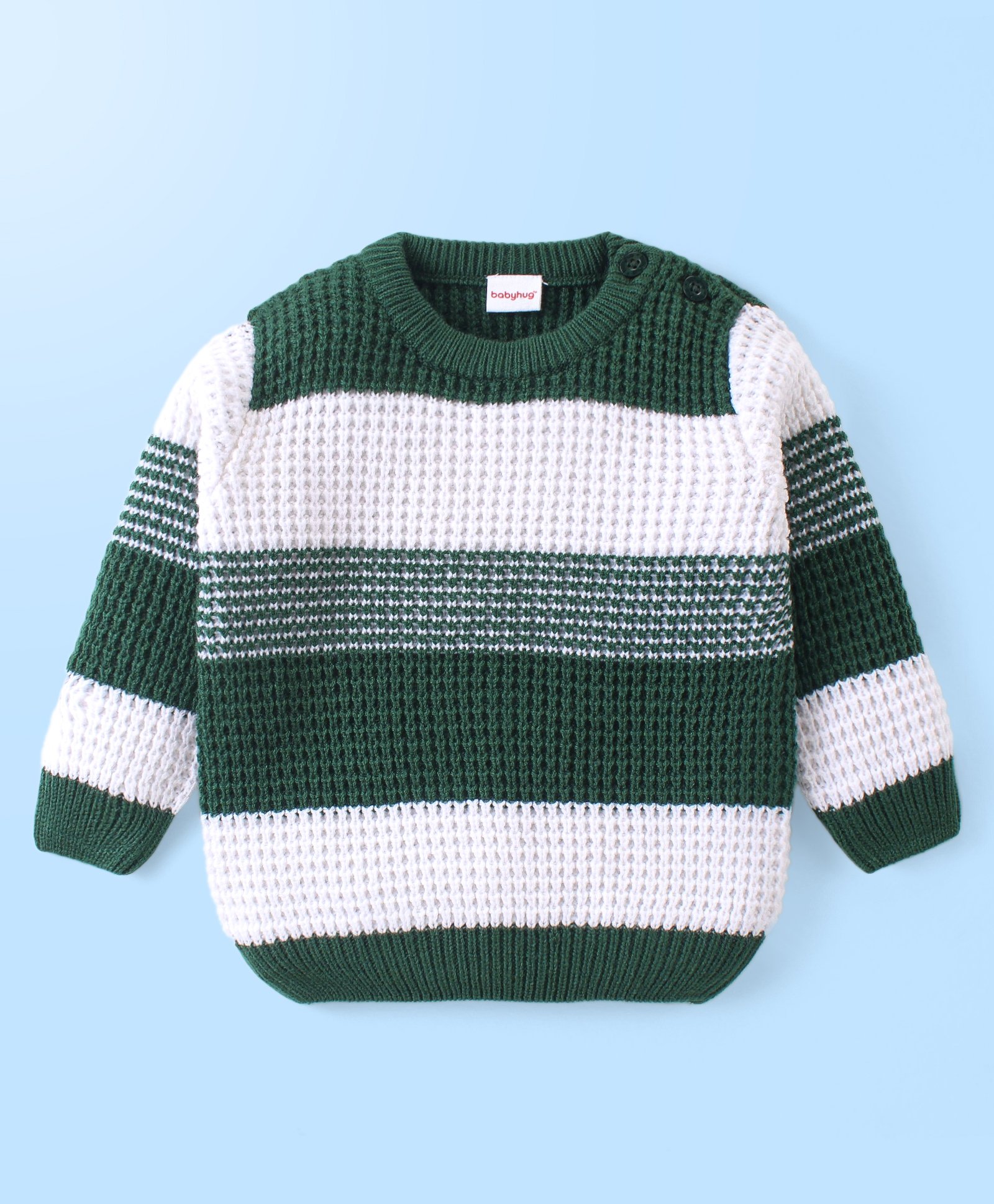 Babyhug Knitted Full Sleeves Pullover Sweater With Stripes Design - Green & White-image-20