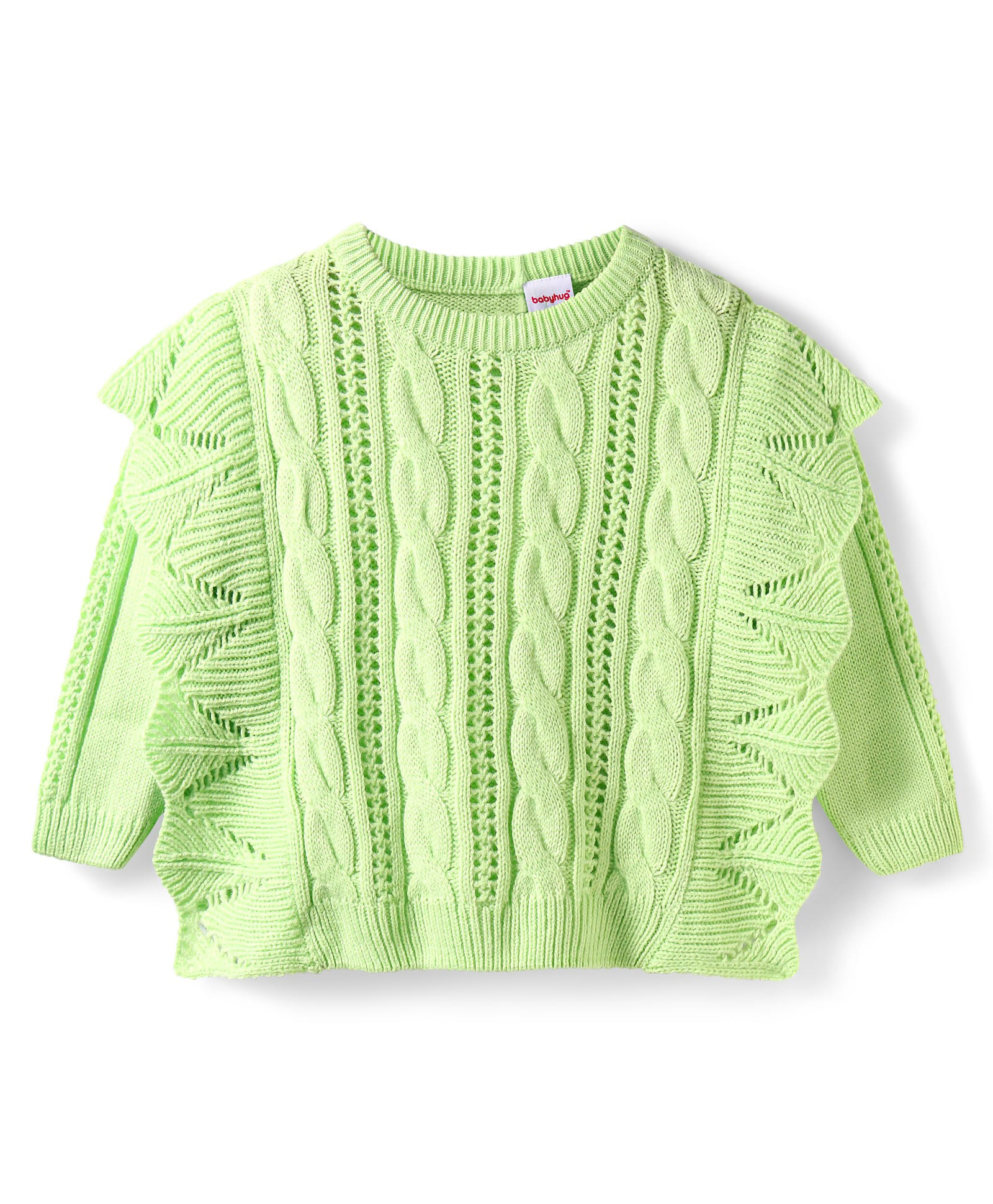 Babyhug Knitted Full Sleeves Sweater with Cable Knit Design & Crochet Detailing - Lime Green-image-23