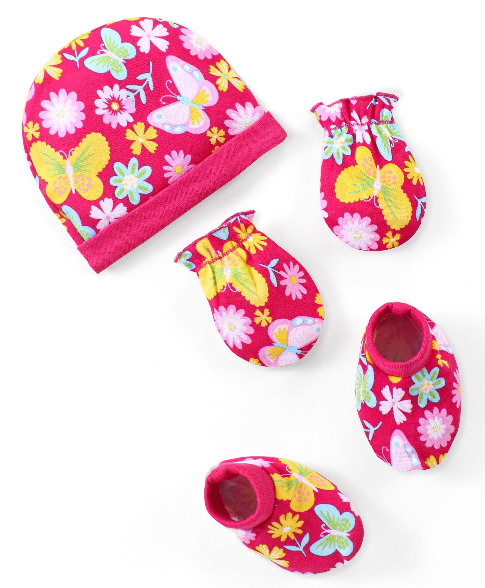 Babyhug 100% Cotton Interlock Knit Cap Mittens & Booties Set with Floral Print - Pink-picture-13