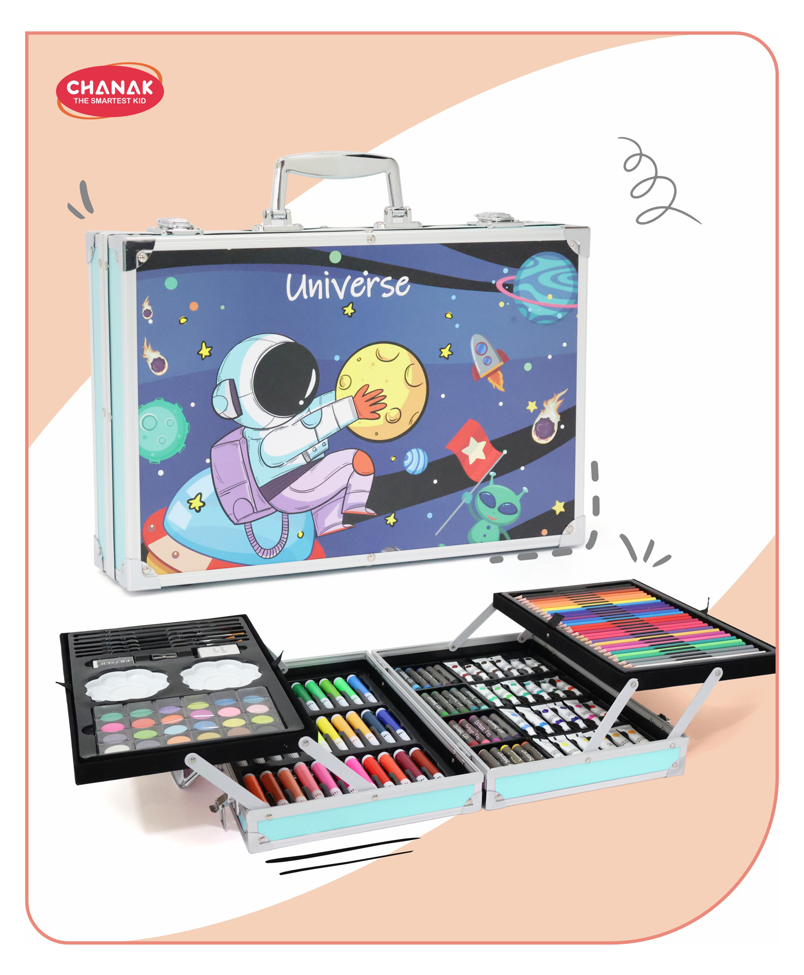 Aditi Toys Color Art Drawing Set 155 Pieces With Acrylic Paint, Colored Pencils, Oil Pastel Crayons, Sketch Pens, Watercolors, Brushes Big Coloring Suitcase, Portable Foldable Design with Carrying Handle and Snap Lock For Boys (Universe)-image-3