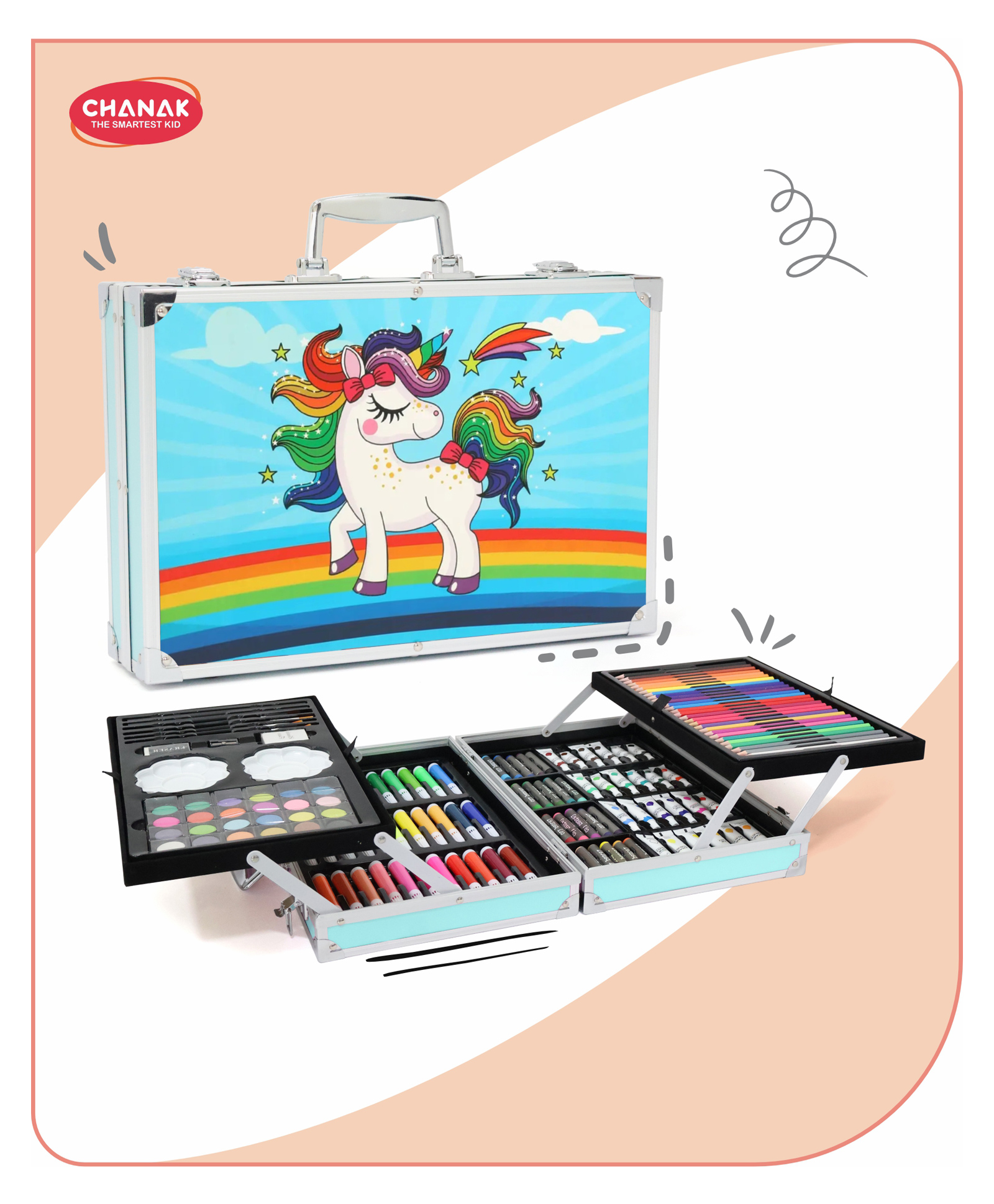 Aditi Toys Color Art Drawing Set 155 Pieces With Acrylic Paint, Colored Pencils, Oil Pastel Crayons, Sketch Pens, Watercolors, Brushes Big Coloring Suitcase, Portable Foldable Design with Carrying Handle and Snap (Blue Unicorn)