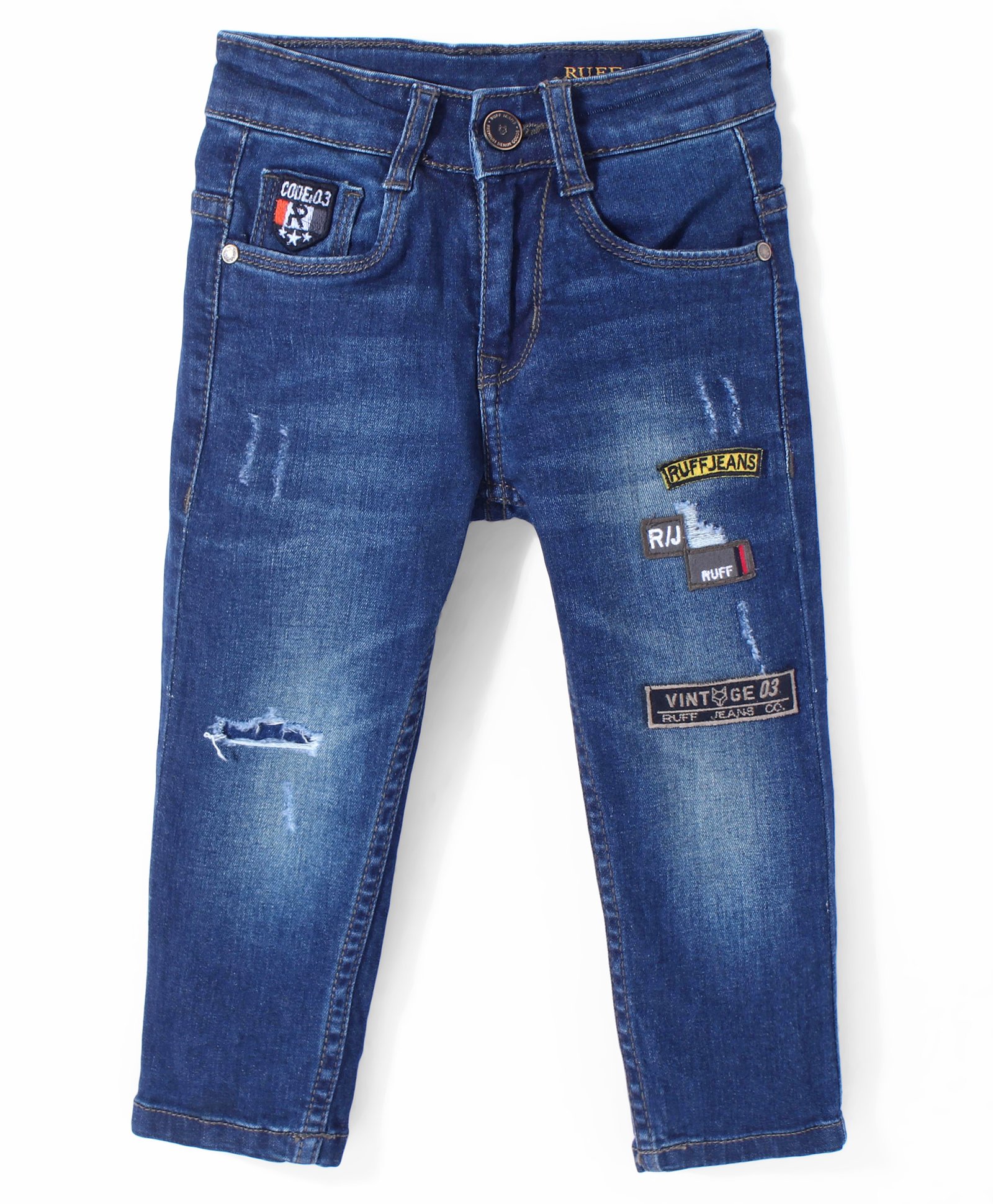 Ruff Full Length Denim Jeans with Text Patch Solid Colour - Blue-image-32
