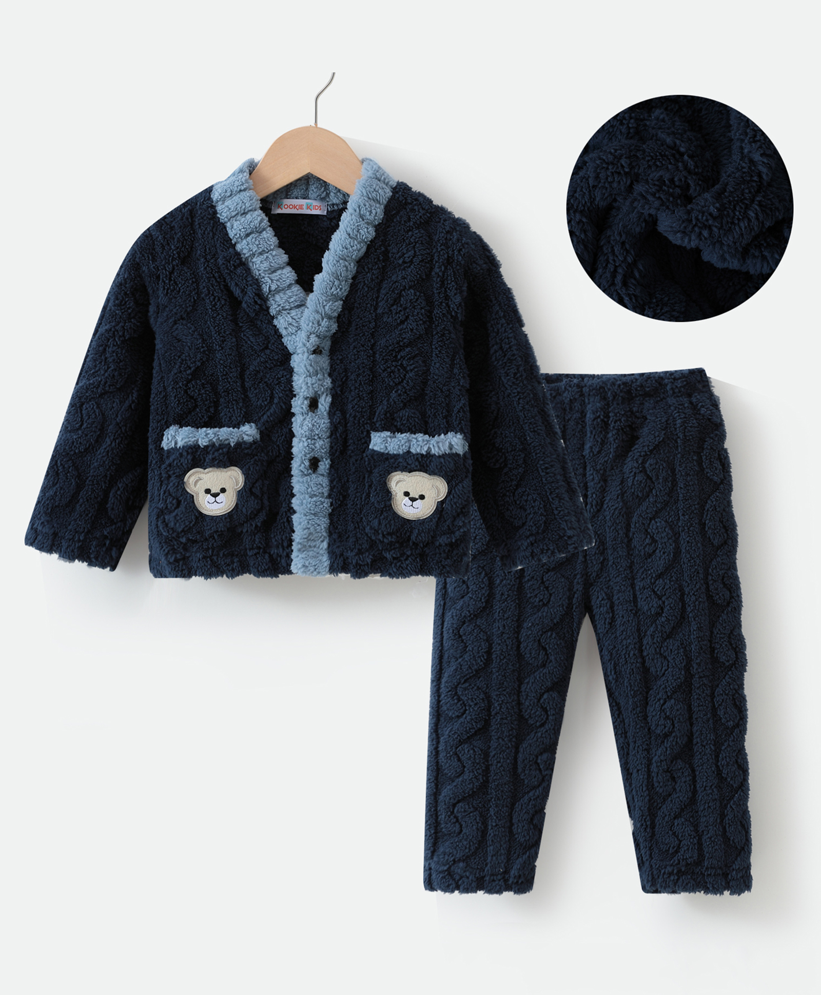 Kookie Kids Full Sleeves Front Open Winter Wear Night Suit - Navy-image-27