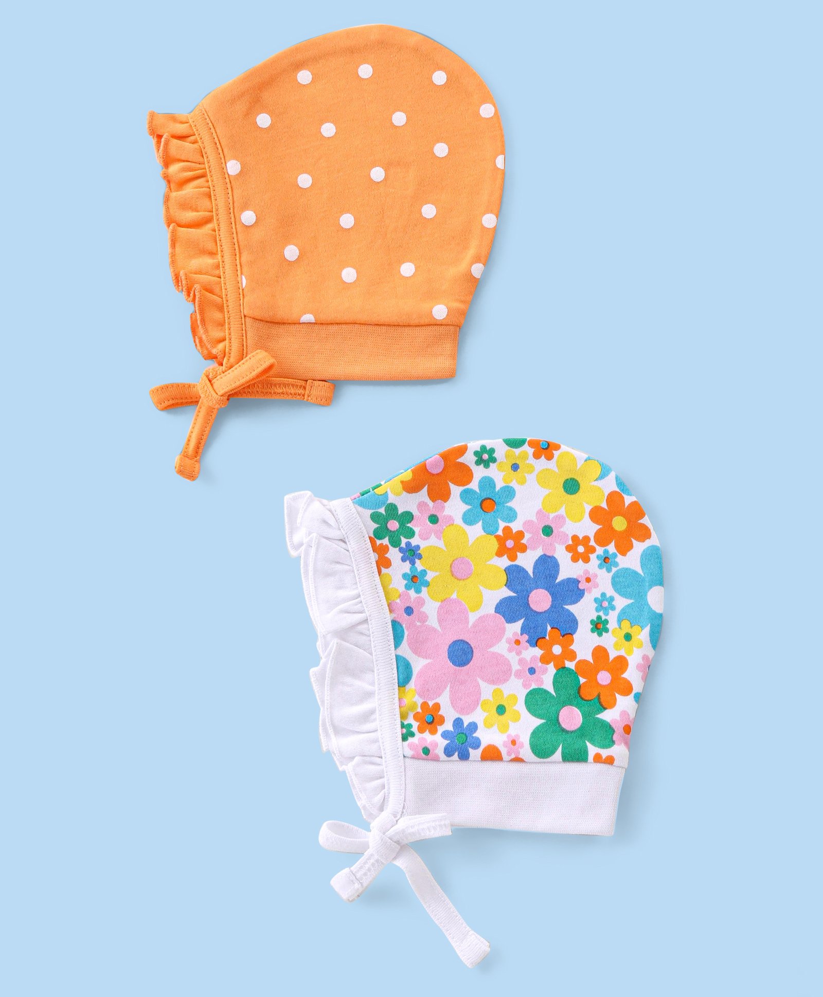 Babyhug 100% Cotton Knit Cap with Floral & Polka Dots Print Pack of 2 - Orange & White-image-49