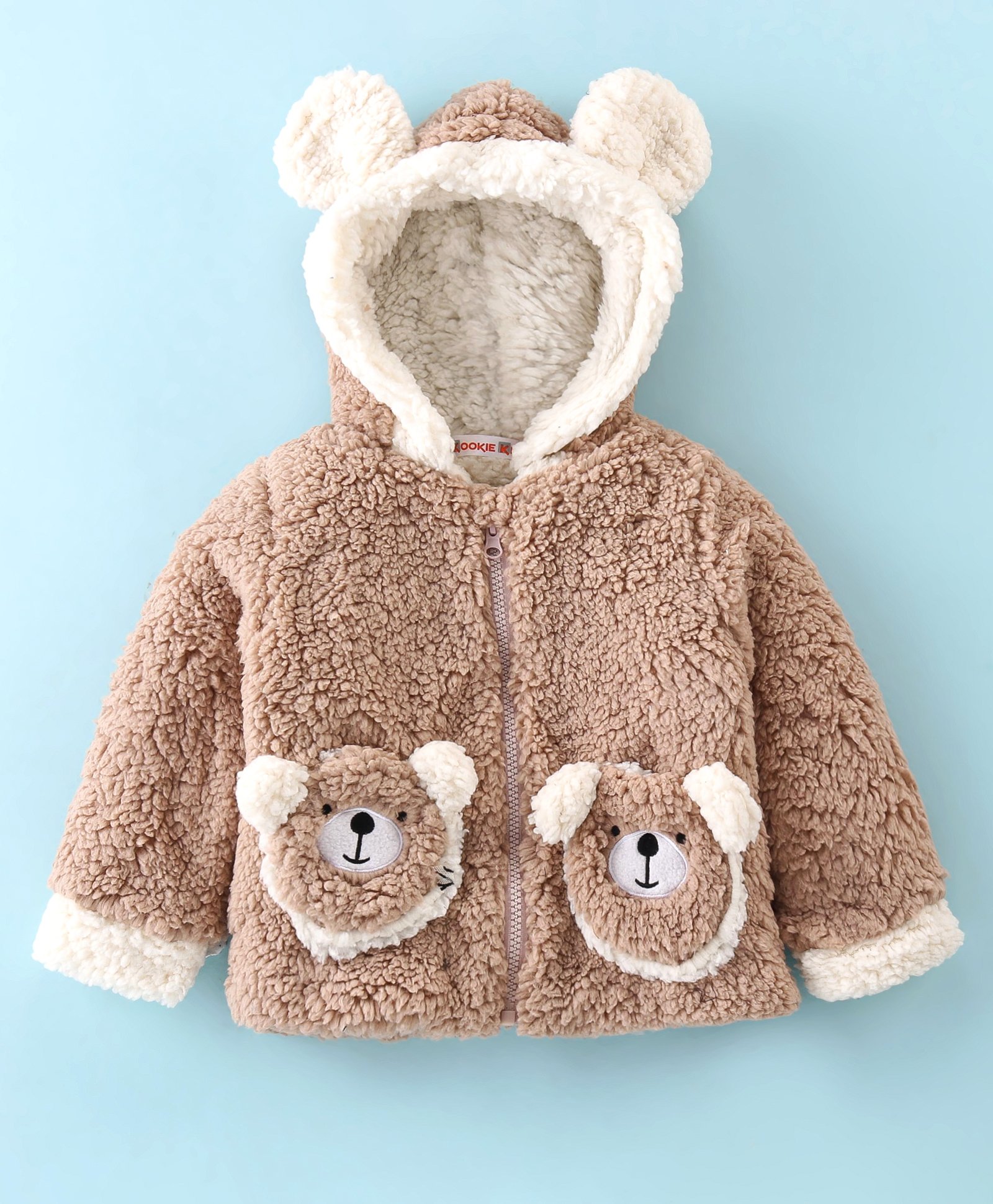 Kookie Kids Full Sleeves Hooded Winter Fur Jacket With Bear Applique - Tan-image-20