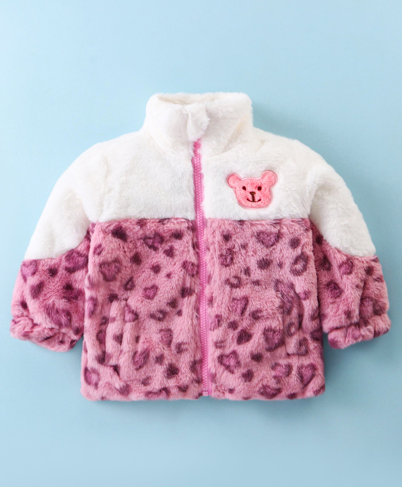 Kookie Kids Full Sleeves Fur Jacket with Bear Patch -  Pink-image-30