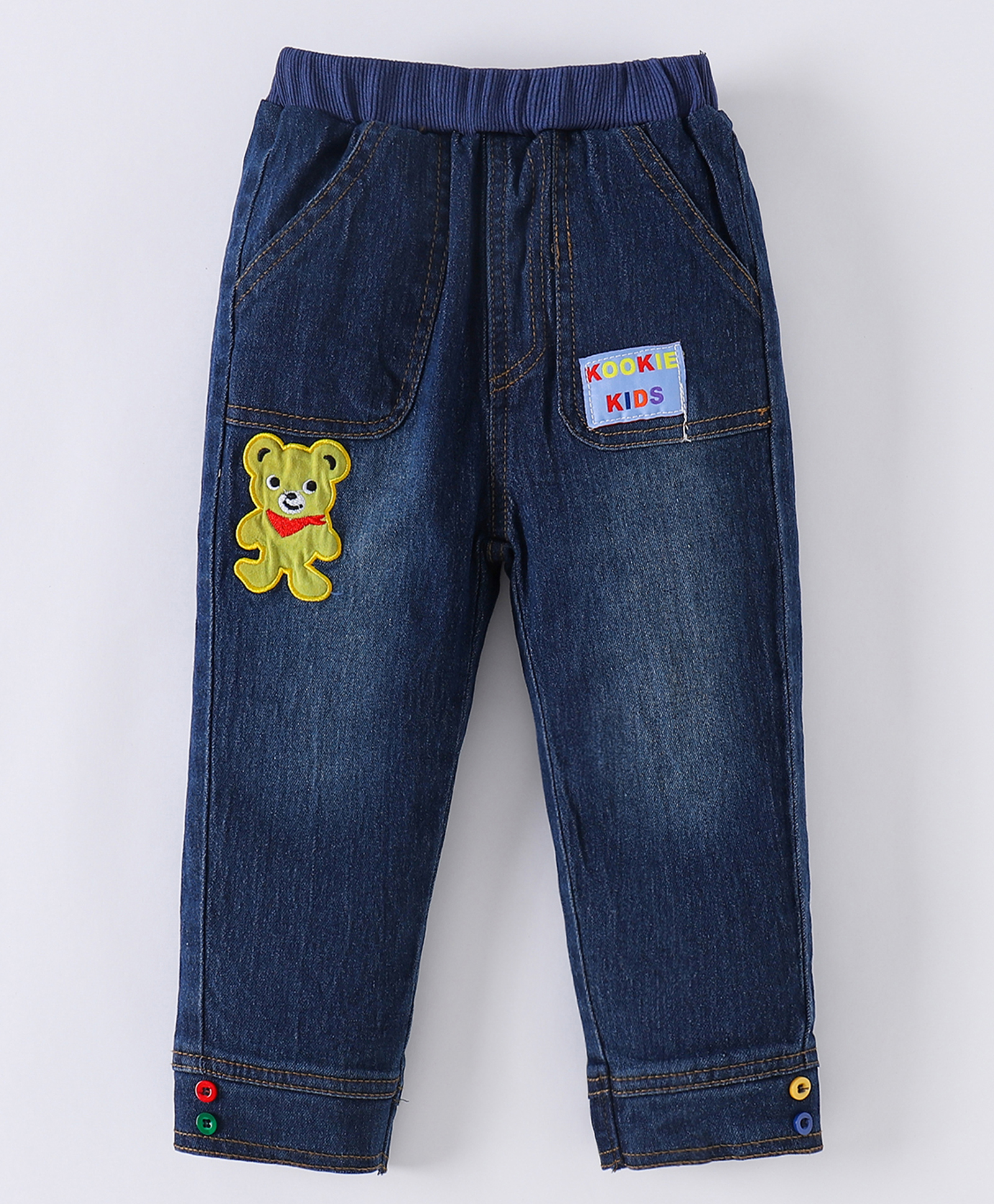 Kookie Kids Cotton Full Length Washed Jeans with Bear & Text Patch - Navy Blue-picture-21