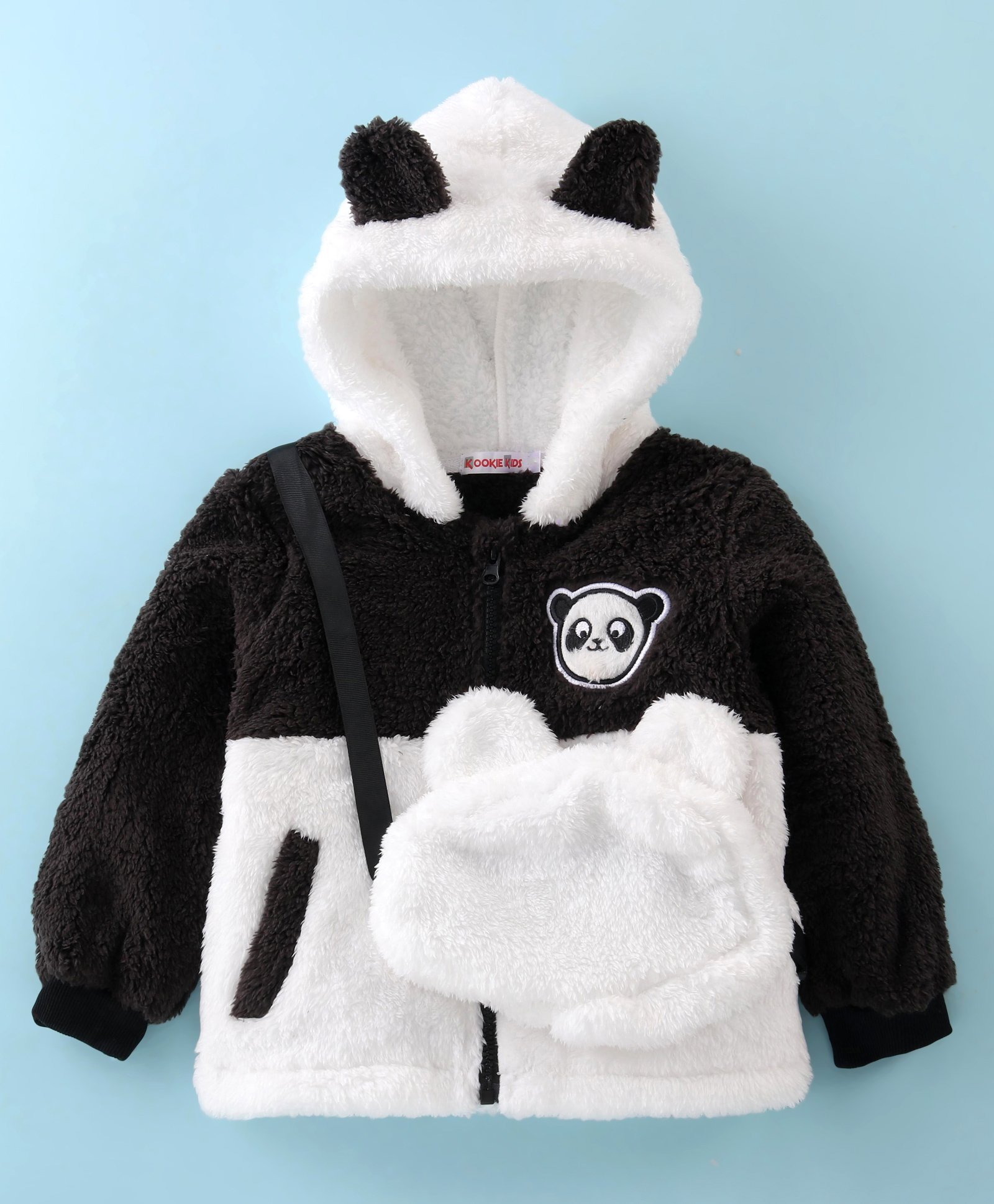 Kookie Kids Full Sleeves Hooded Fur Jacket with Bear Applique & Sling Bag - Black & White-image-45