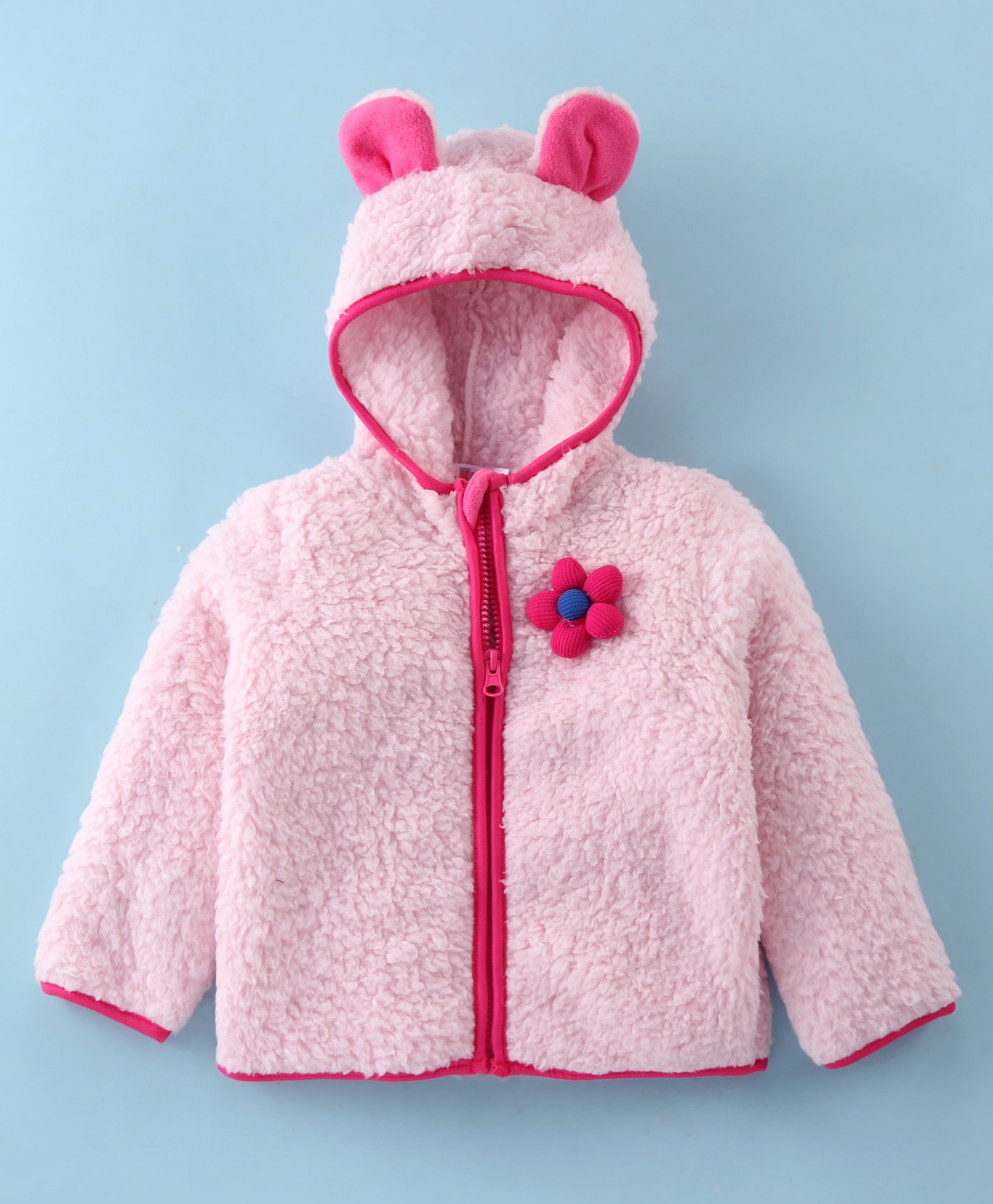 Kookie Kids Full Sleeves Fur jacket With Hood & Floral Applique -Pink-image-46