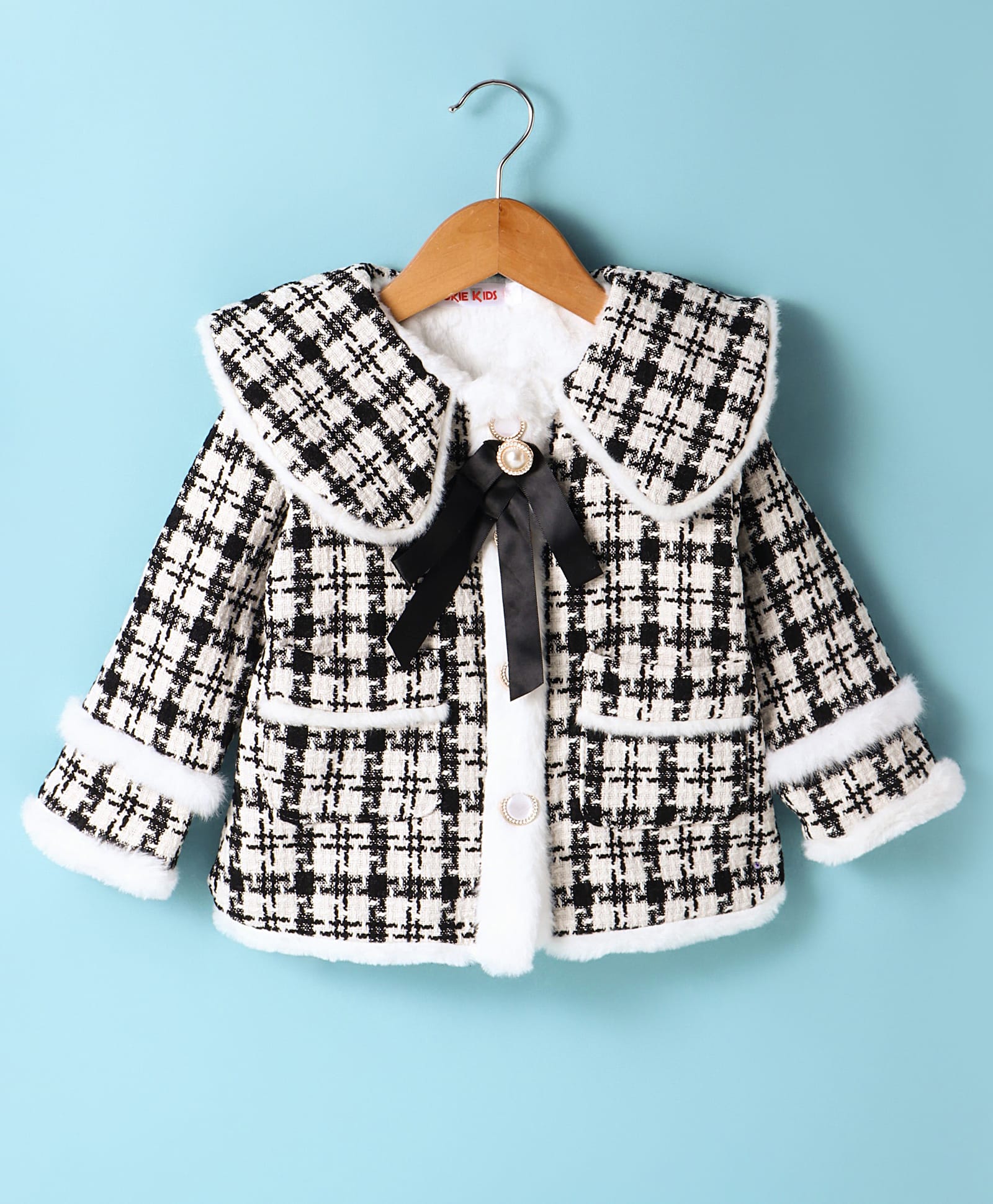 Kookie Kids Full Sleeves Checkered Fur Winter Jacket With Knot Detailing - Black & White-image-12