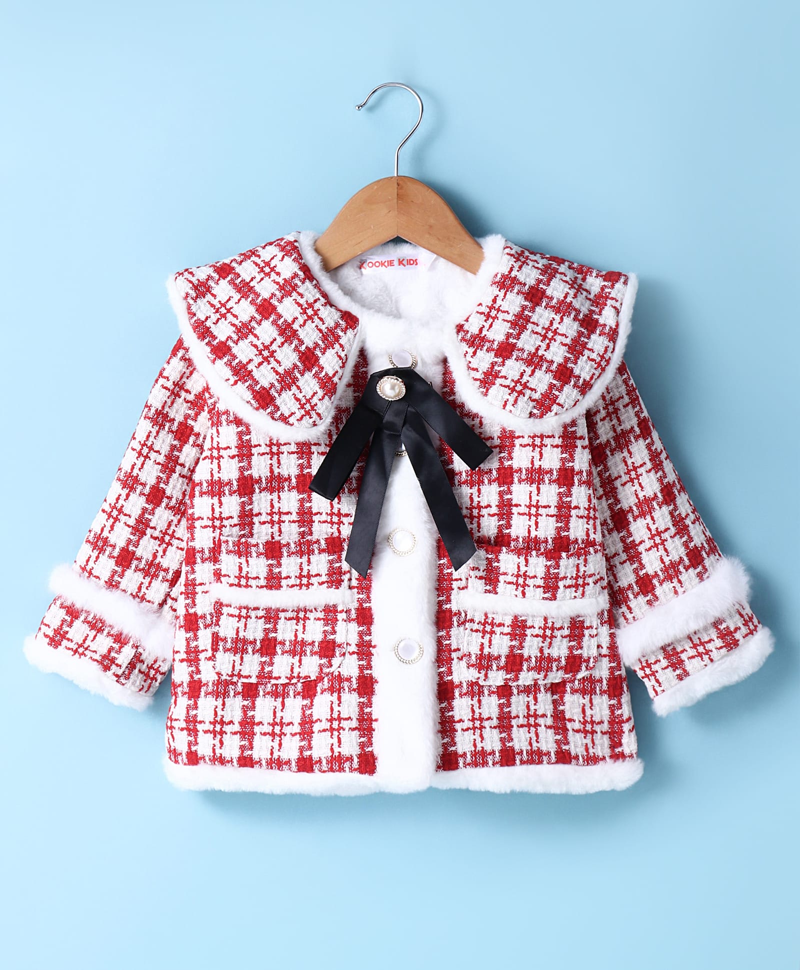 Kookie Kids Full Sleeves Checkered Fur Winter Jacket With Knot Detailing - Red & White-image-44