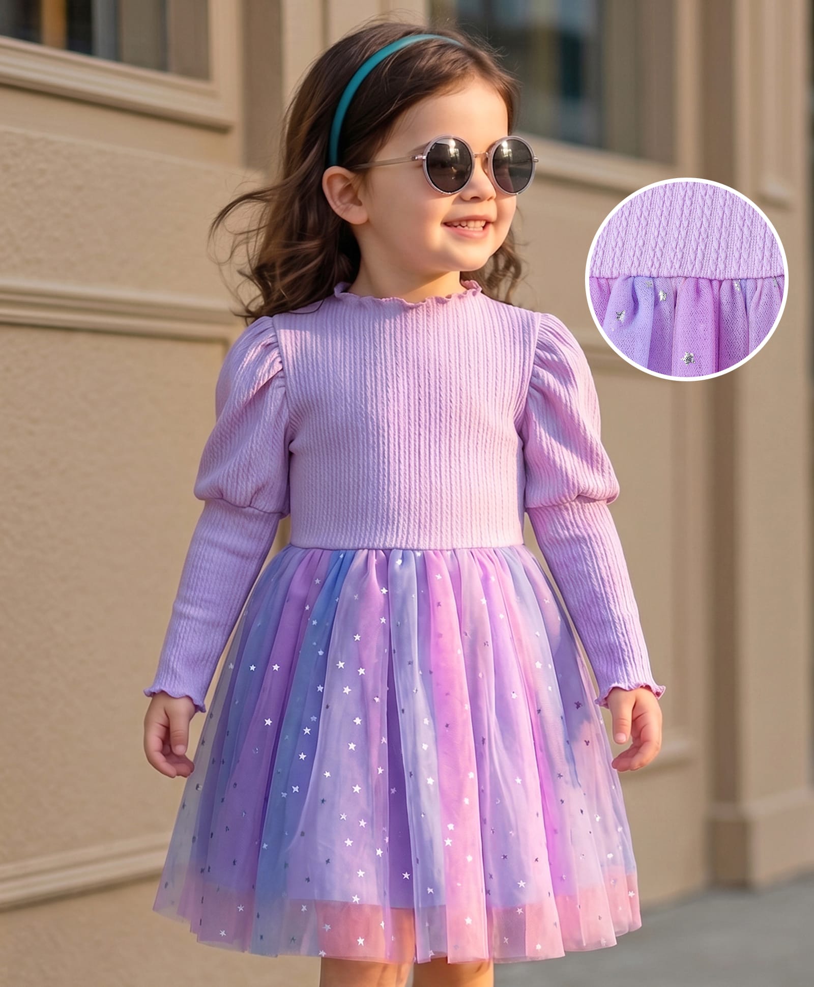 Kookie Kids Full Puffed Sleeves Party Frock With Star Foil Print - Lilac-image-47