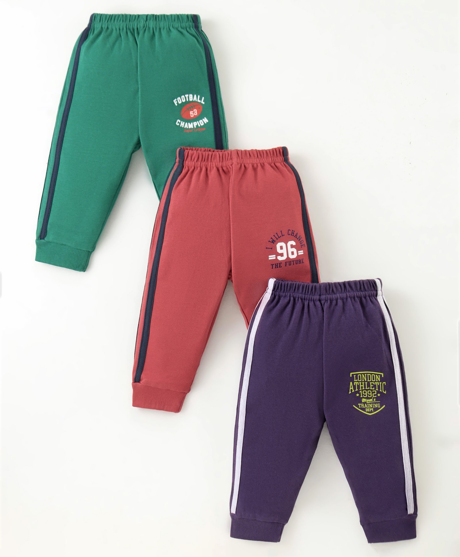 Zero Interlock Knit Full Length Track Pants with Sports Print Pack of 3 - Green Red & Purple-picture-16