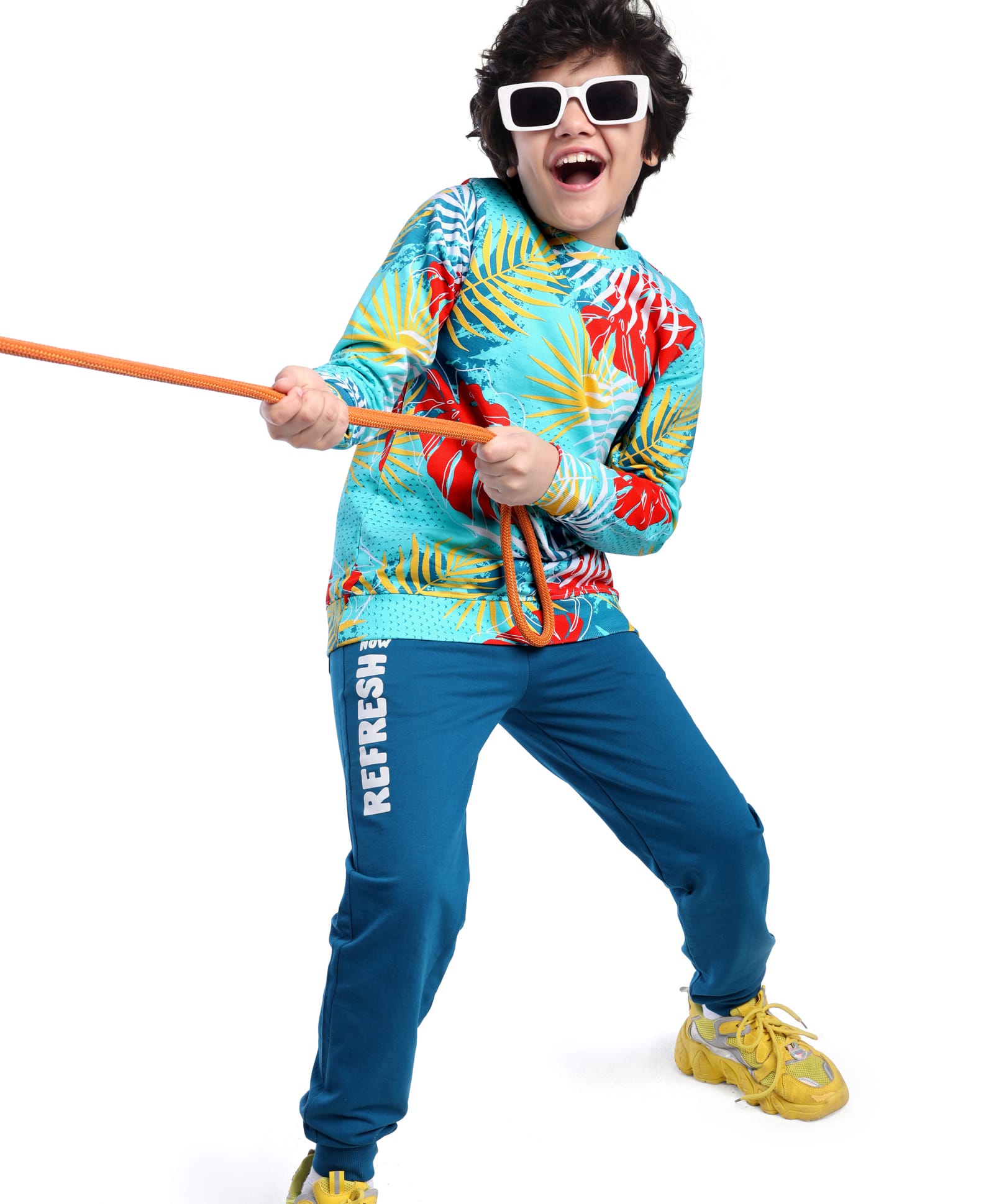 Ollington St. 100% Cotton Knit Full Sleeves Sweatshirt & Joggers Set With Tropical Theme Print - Multicolor-picture-16