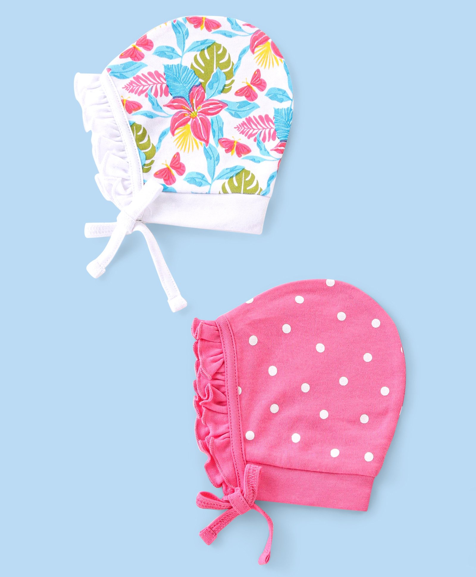 Babyhug 100% Cotton Cap with Floral & Polka Dots Print Pack of 2 - Pink & White-image-21