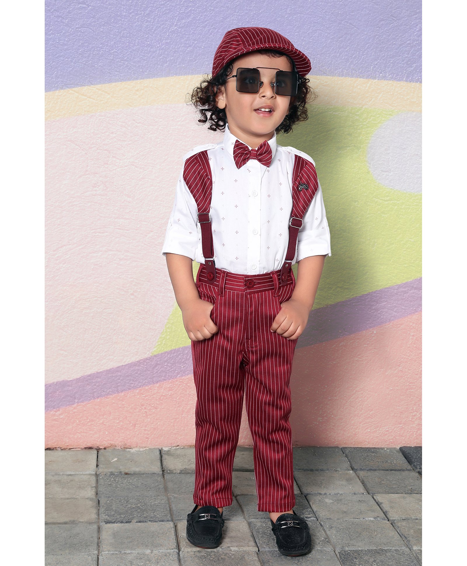 BAD BOYS Full Sleeves Motif Printed Shirt With Striped Pant Suspender Bow & Cap - Maroon-picture-19