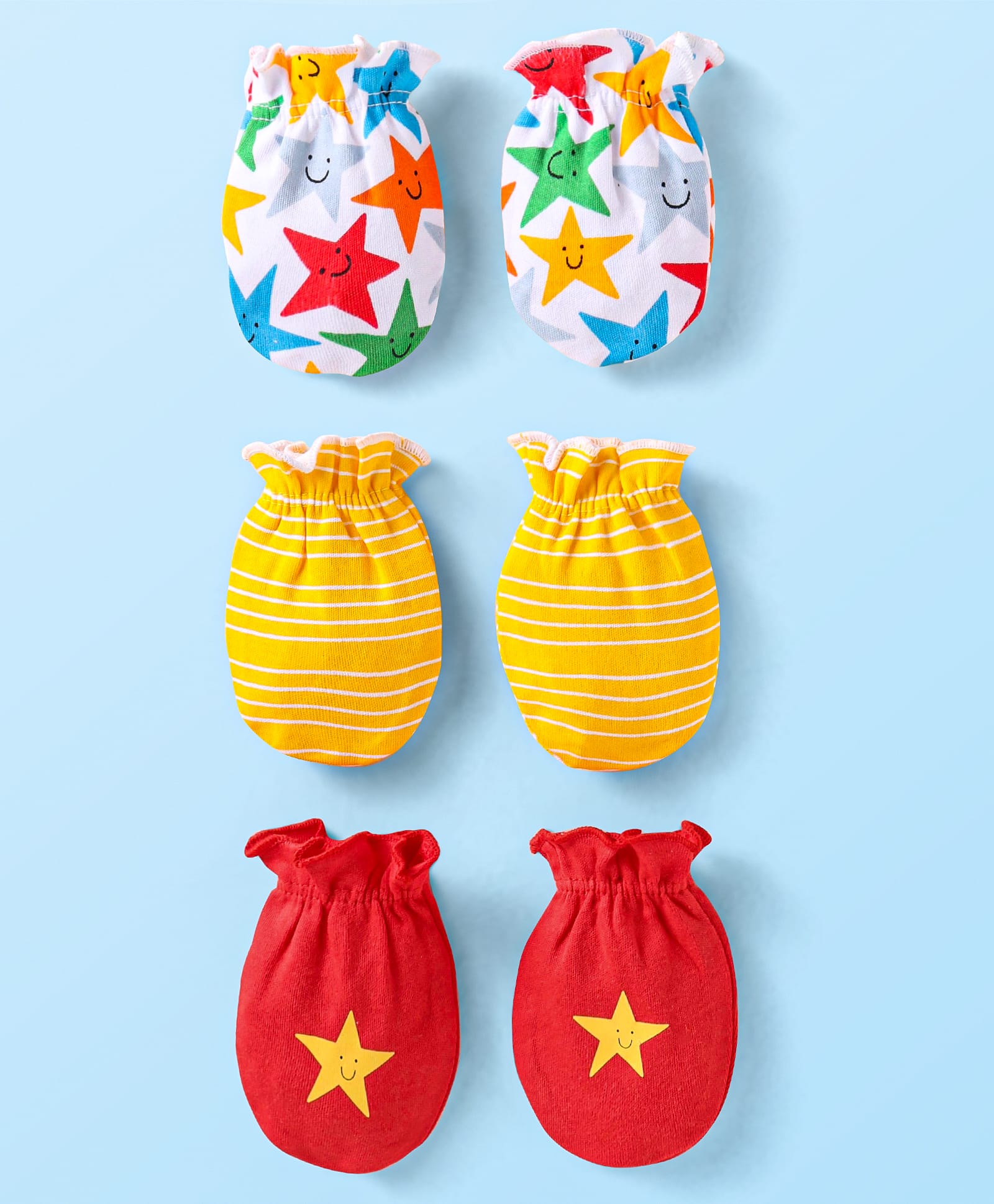 Babyhug Interlock Knit Mittens With Star Print Pack of 3 - White Yellow & Red-image-14