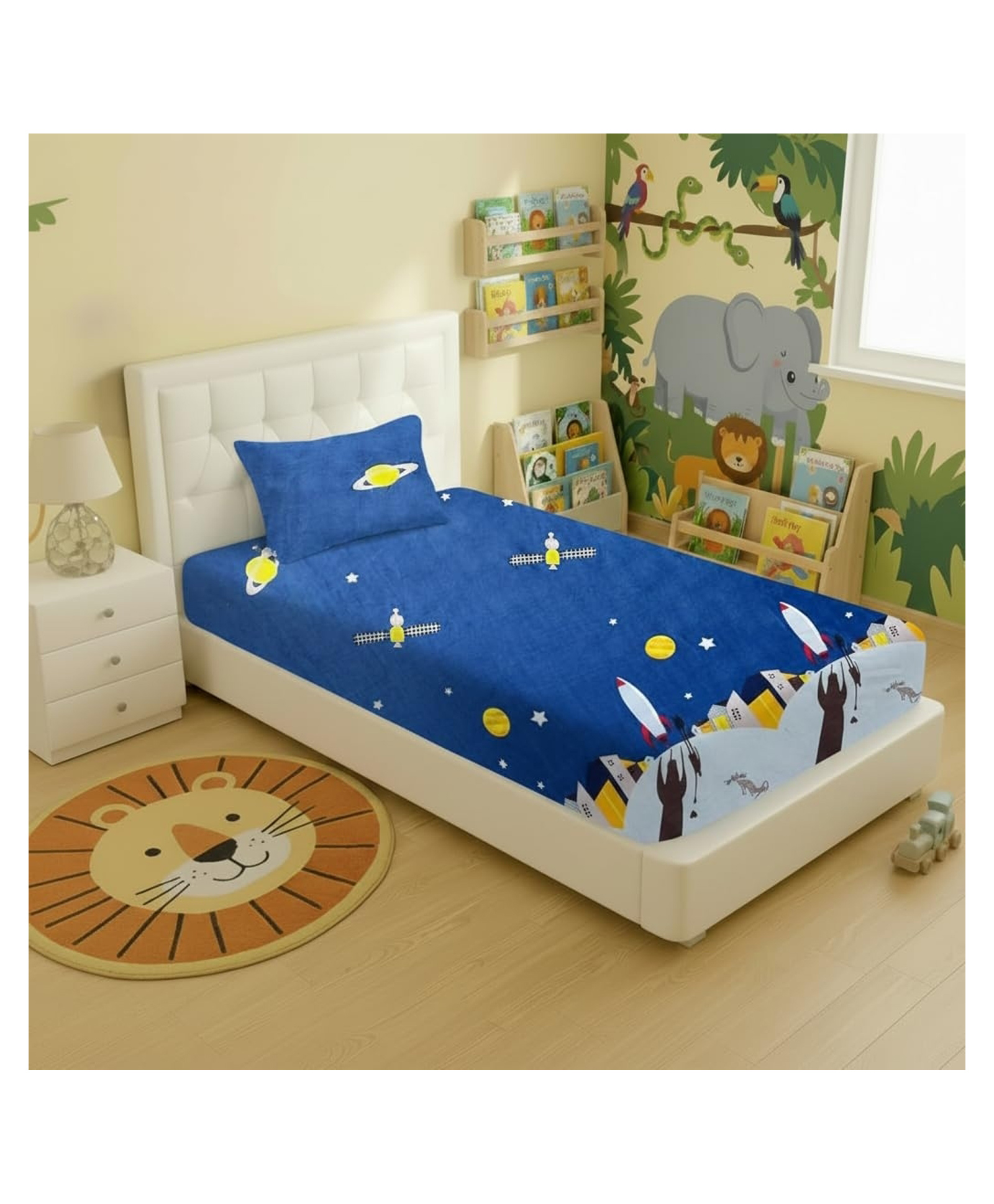 Filymore  Kids  Cotton Cartoon Rocket Print Bedsheet for Single Bed small Size with 1 Pillow Covers Blue and Yellow-image-18