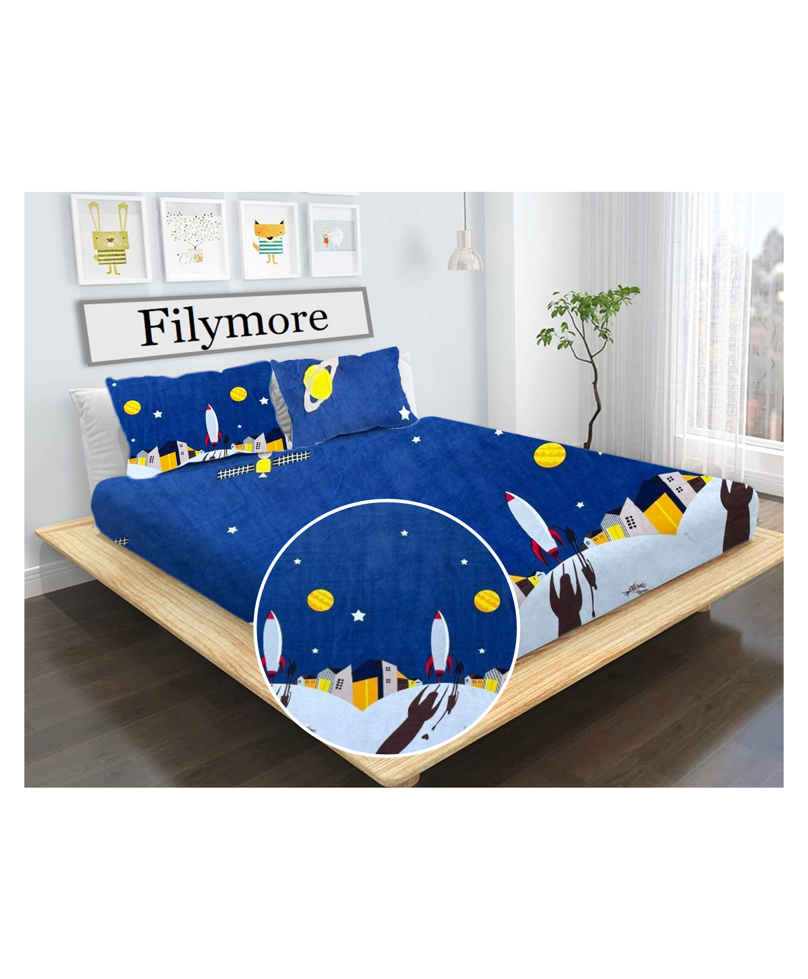 Filymore  Kids  Cotton Cartoon Rocket Print Bedsheet for Double Bed Queen Size with 2 Pillow Covers  Blue and Yellow-image-17