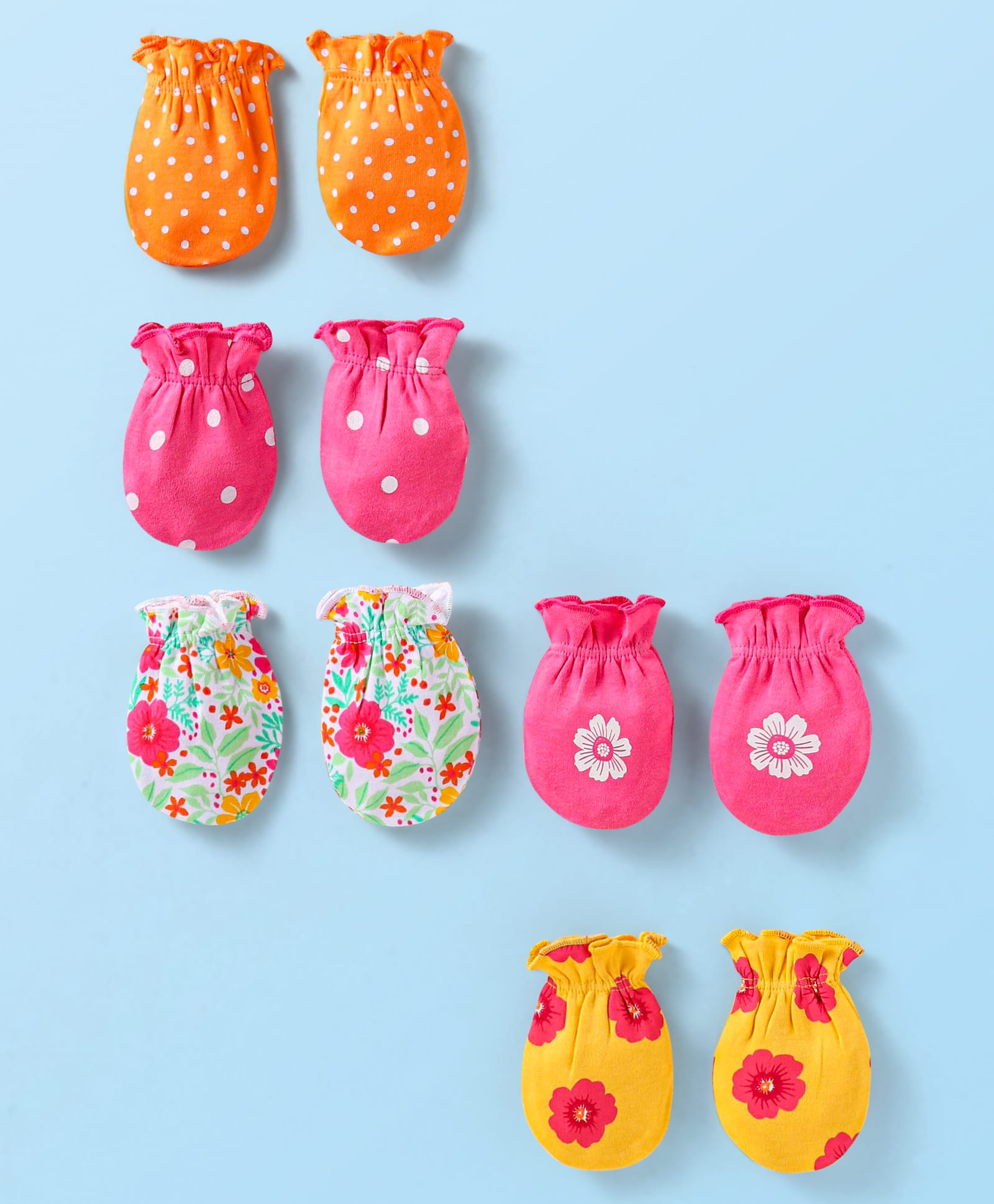 Babyhug Interlock Knit Mittens With Floral & Polka Dot Print Pack of 5 - Orange Dark Pink & Yellow-image-44