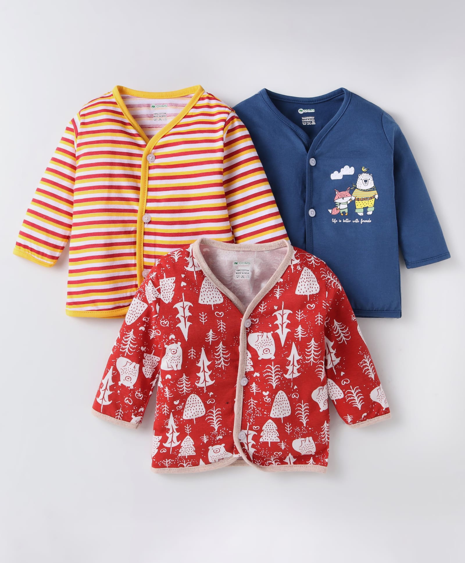 OHMS Single Jersey Knit Full Sleeves Fornt Open Striped & Animal Print Vests Pack of 3 - Red & Navy Blue-picture-16