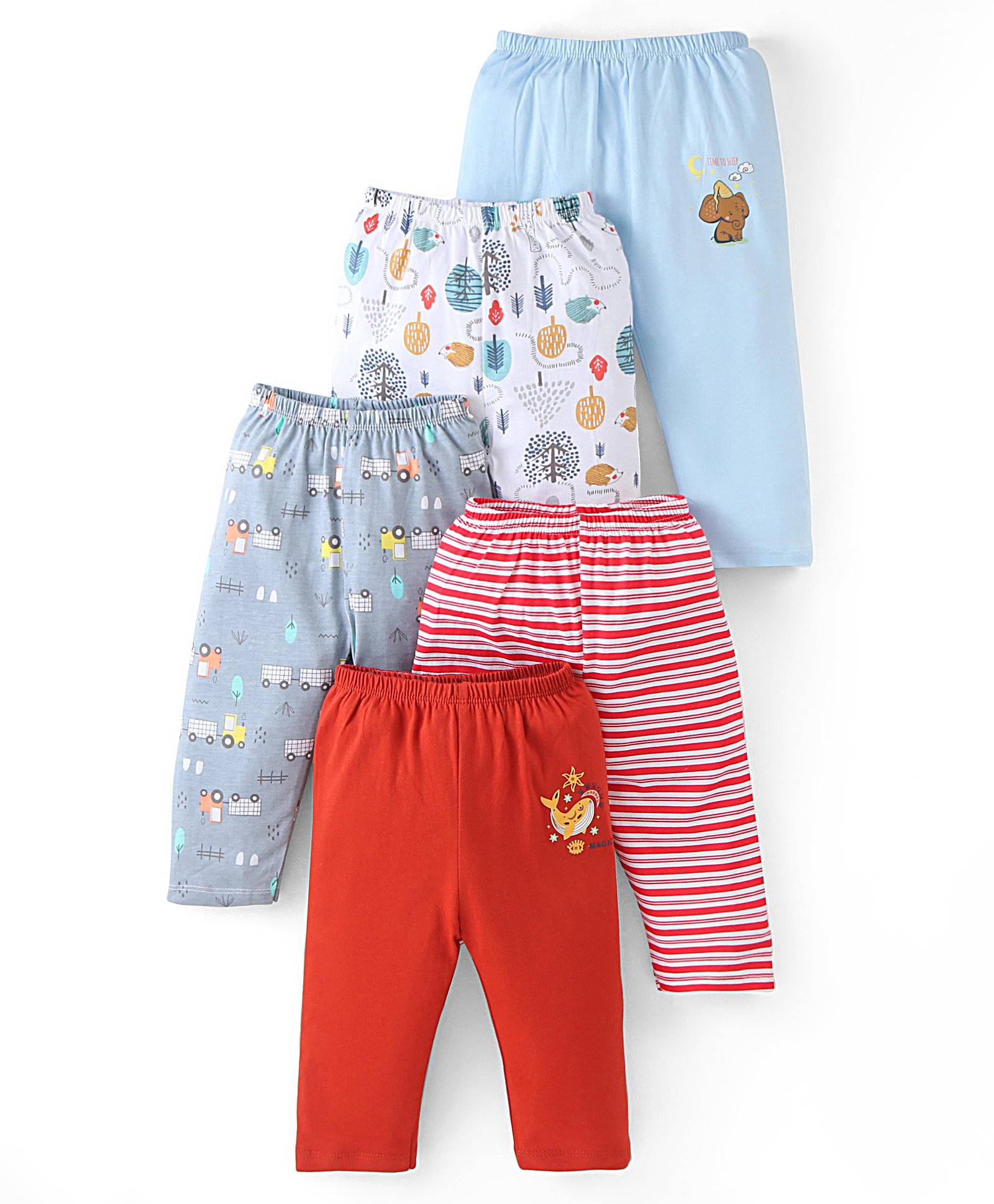 OHMS Single Jersey Knit Full Length Striped & Vehicle Trees & Animal Printed Lounge Pants Pack of 5 - Blue Red & White-picture-14