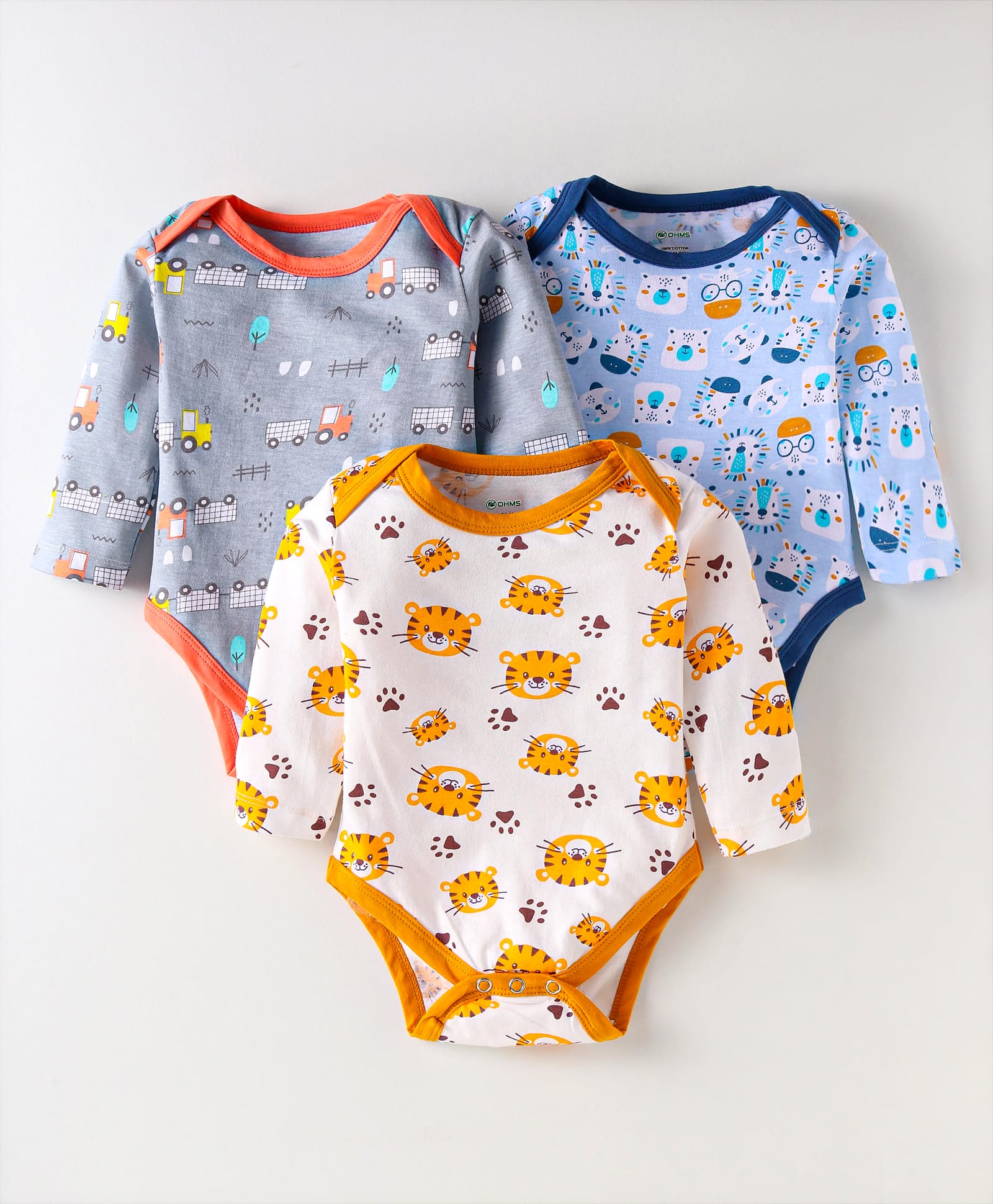 OHMS Single Jersey Knit Full Sleeves Animal Printed Onesies Pack of 3 - White & Grey-image-8