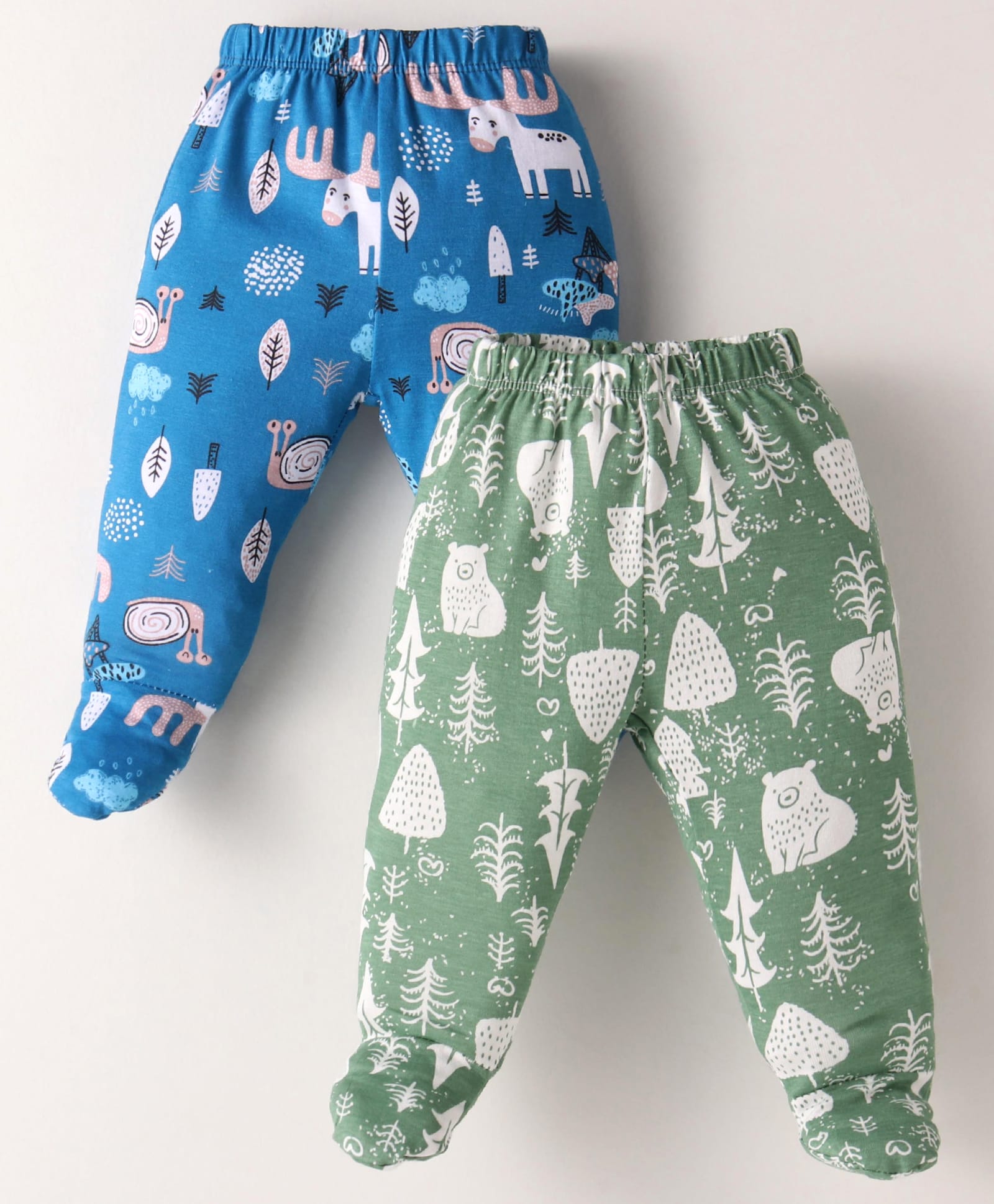 OHMS Single Jersey Knit Full Length Footed Leggings With Animal & Leaf Print Pack of 2 - Blue & Green-image-4