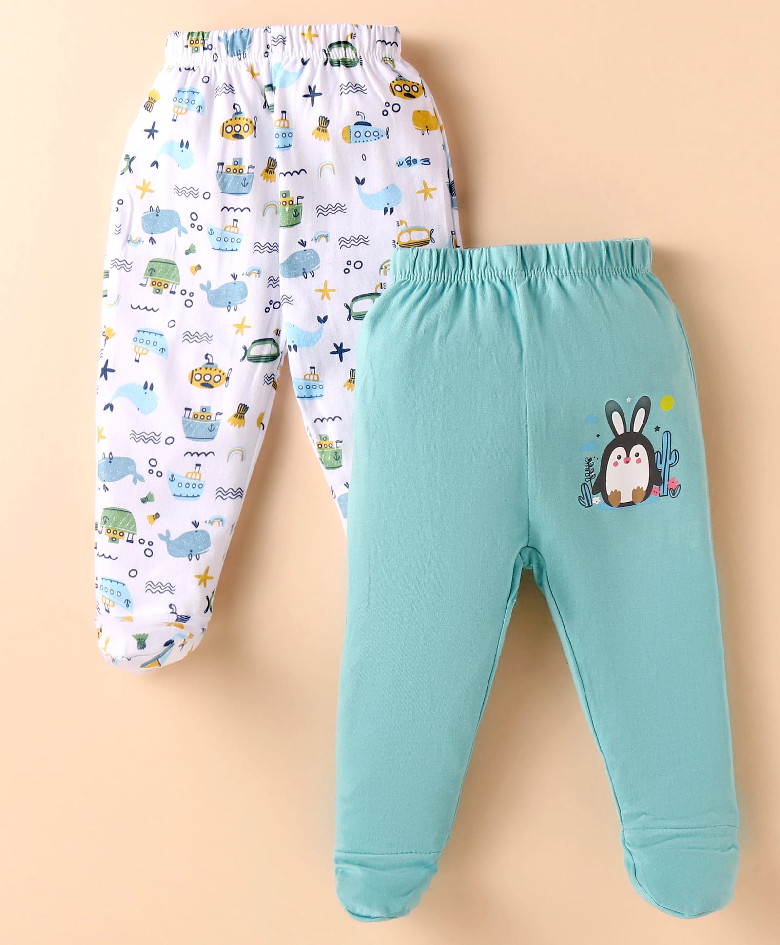 OHMS Single Jersey Footed Bootie Leggings with Sea Life & Animal Print Pack of 2 - White & Mint-picture-27