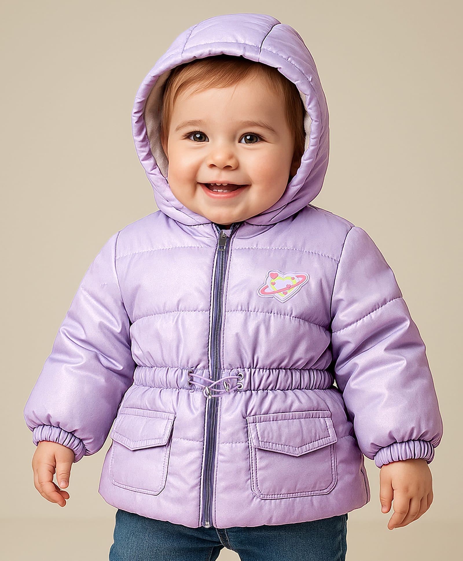 Babyoye Woven Full Sleeves Padded Hooded Jacket With Heart Patch Detailing - Purple-image-24