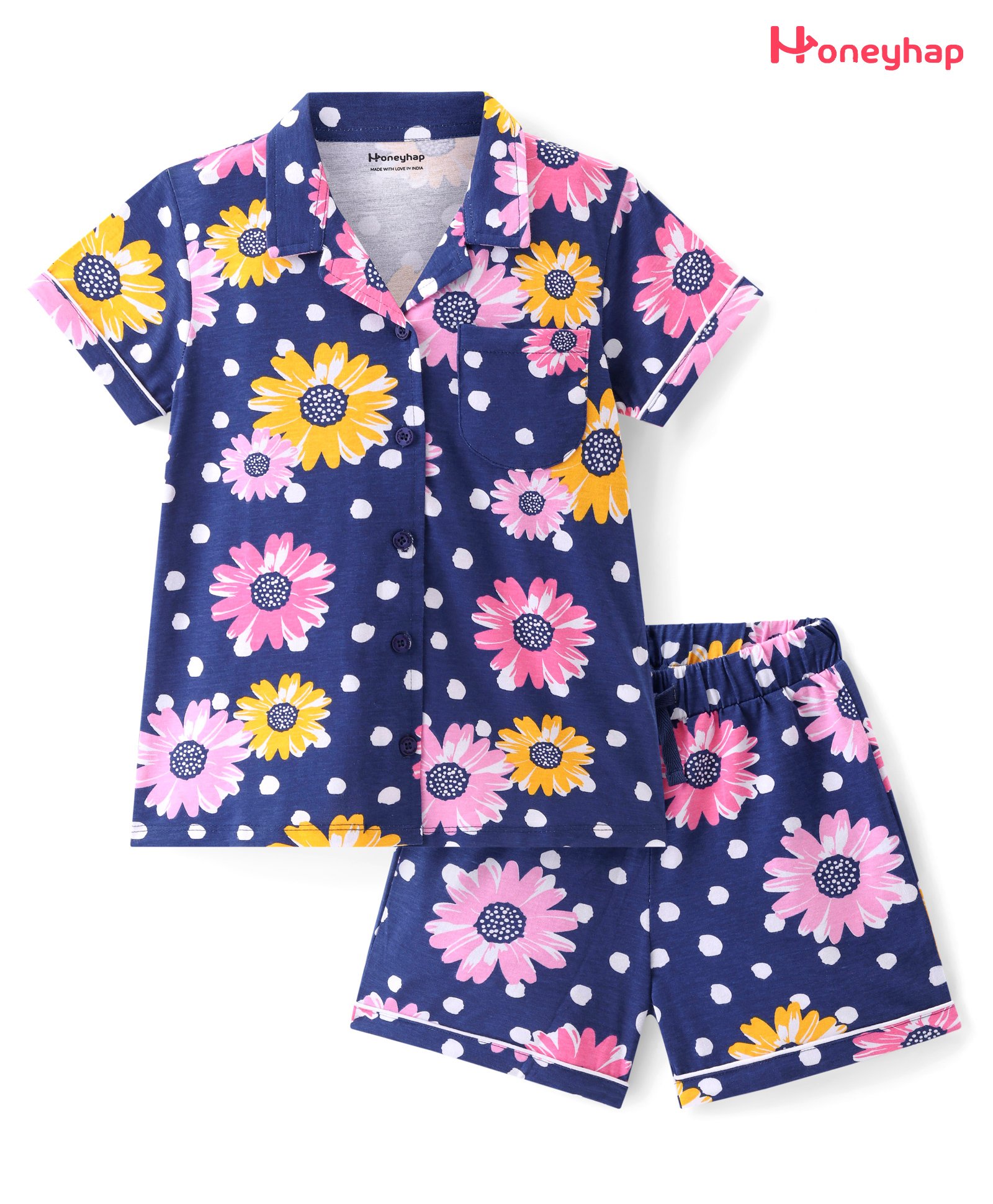 Honeyhap 100% Cotton Knit Half Sleeves Short Night Suit with Floral Print - Navy Blue-image-26