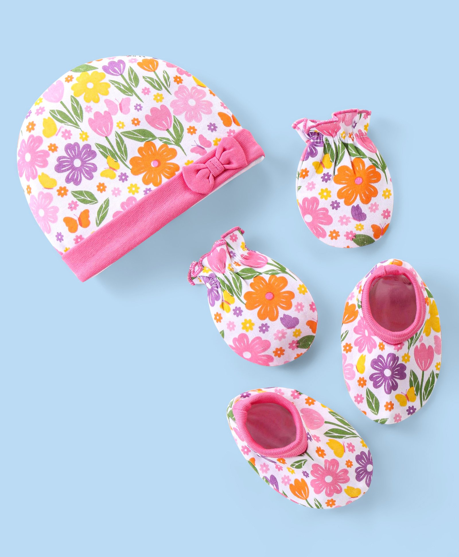 Babyhug Interlock Knit Cap Mittens & Booties With Floral Print - Pink-image-32