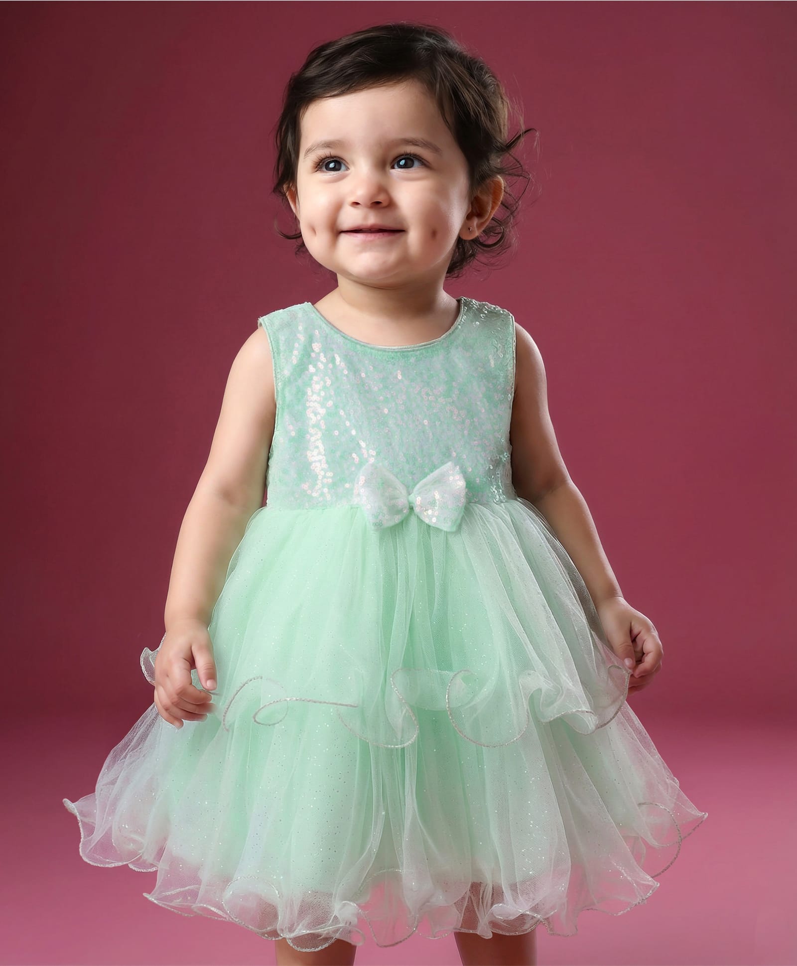 Babyhug Woven Sleeveless Fit and Flare Mesh Party Frock with Sequinned Detailing & Bow Applique -Mint-image-44